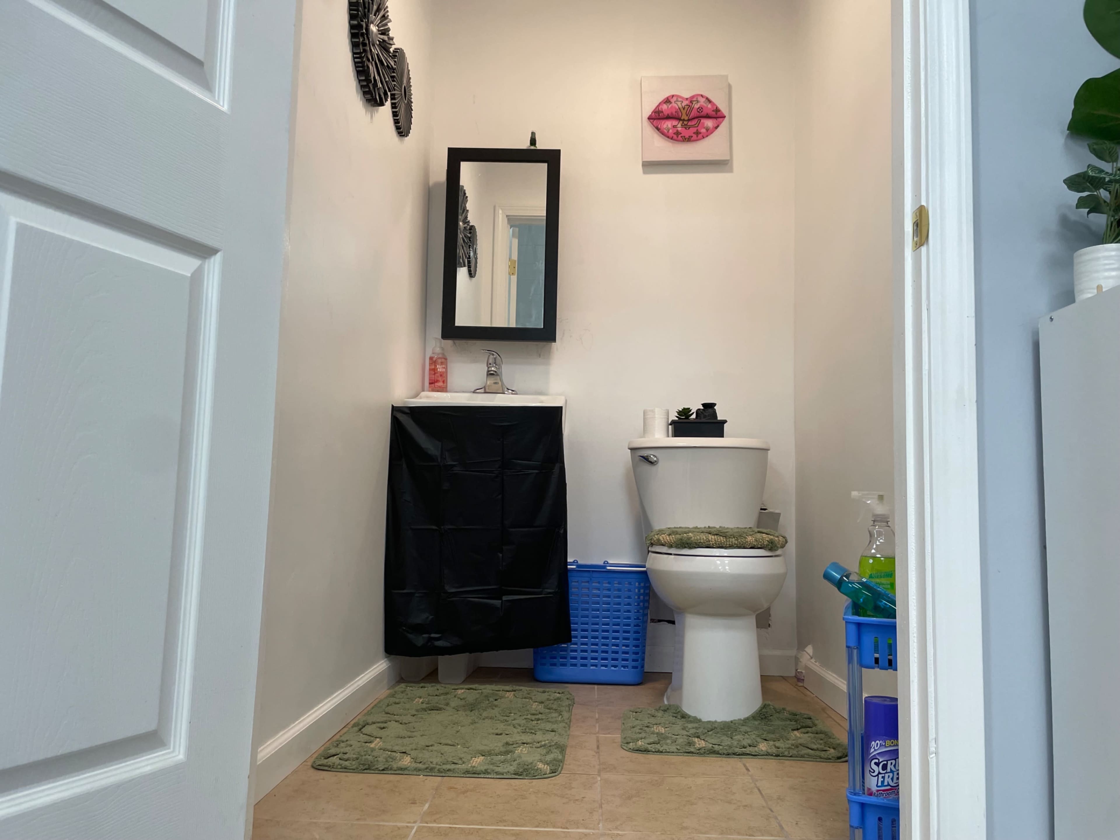 The image shows a small bathroom with a toilet, a sink covered by a black cloth, green bath mats on the floor, and decorative elements on the walls.