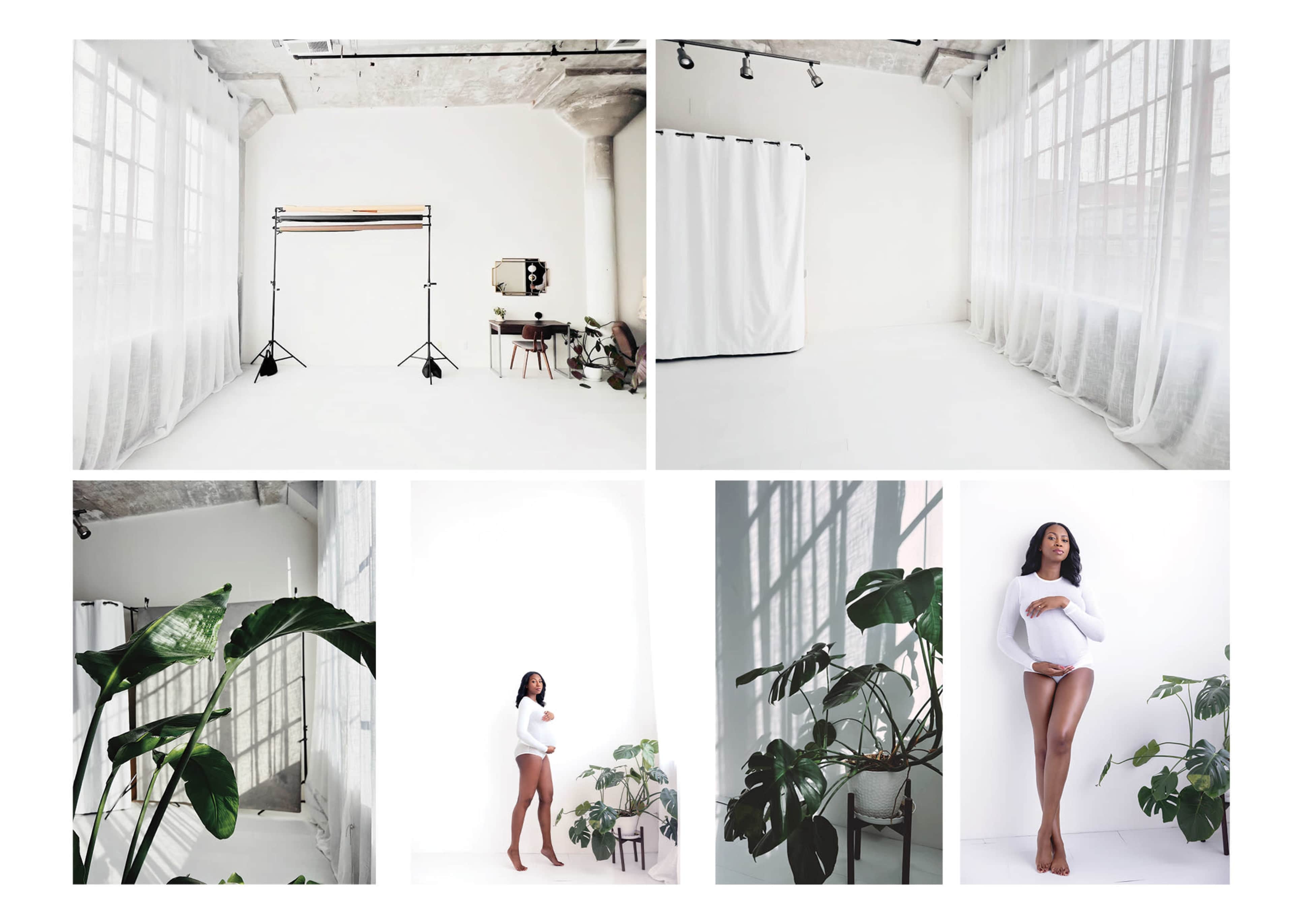 A bright, minimalistic studio space features a pregnant woman posing against a white backdrop, surrounded by large green plants.