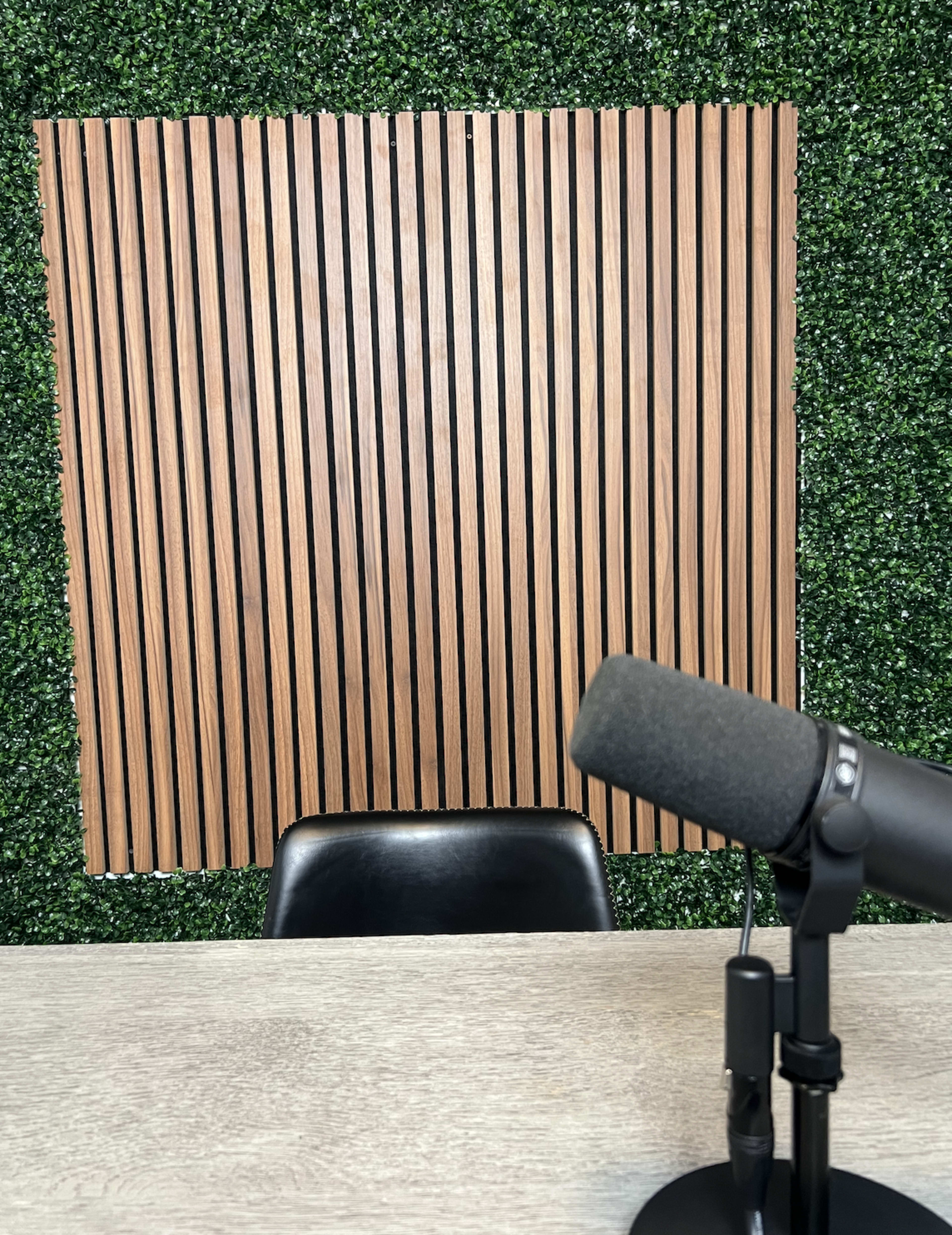 The image shows a microphone positioned on a table in front of a black chair against a backdrop of wooden slats and artificial greenery.