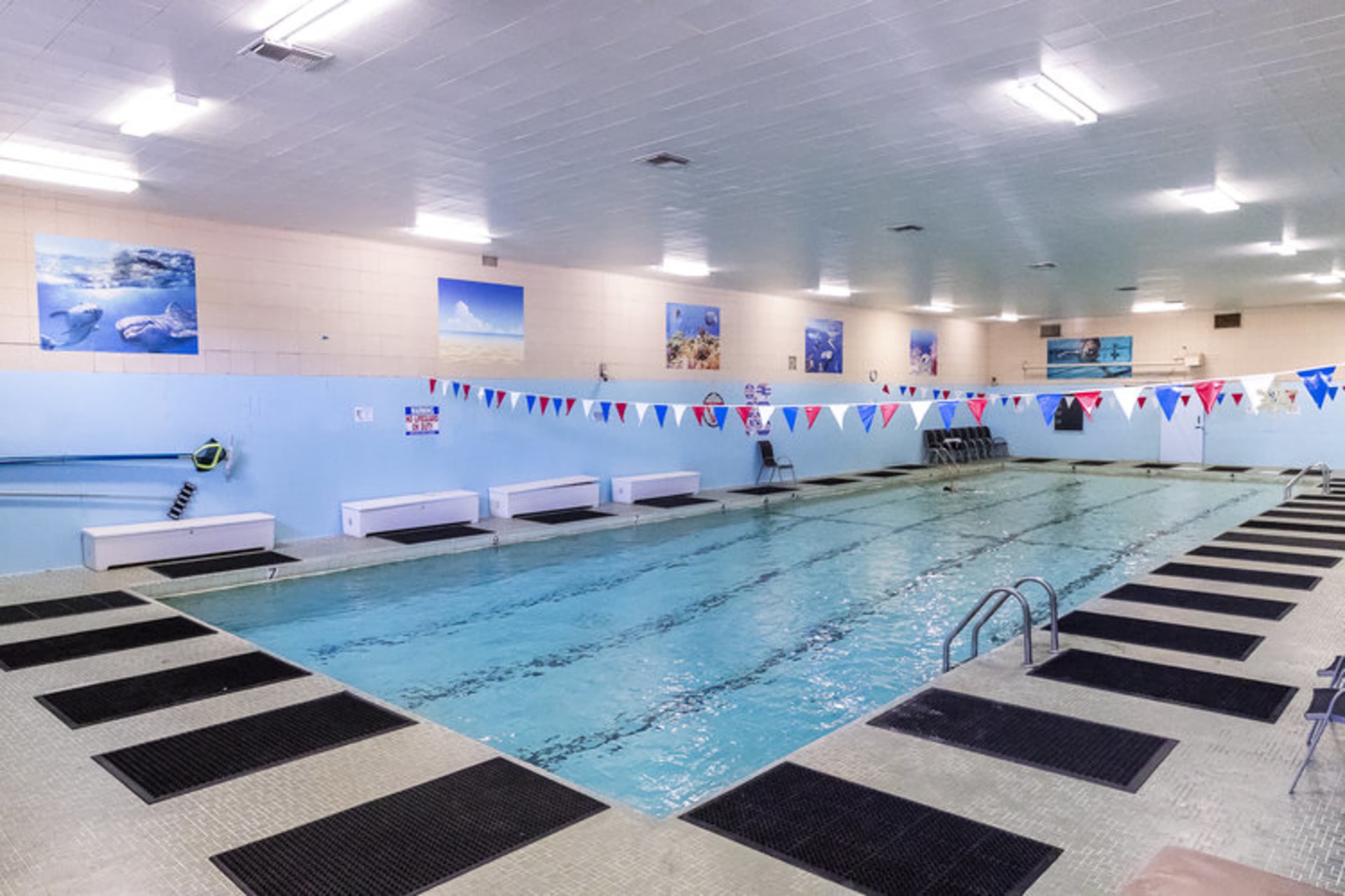 The indoor swimming pool features blue tiles, divided lanes, and is decorated with aquatic-themed artwork and red, white, and blue banners.