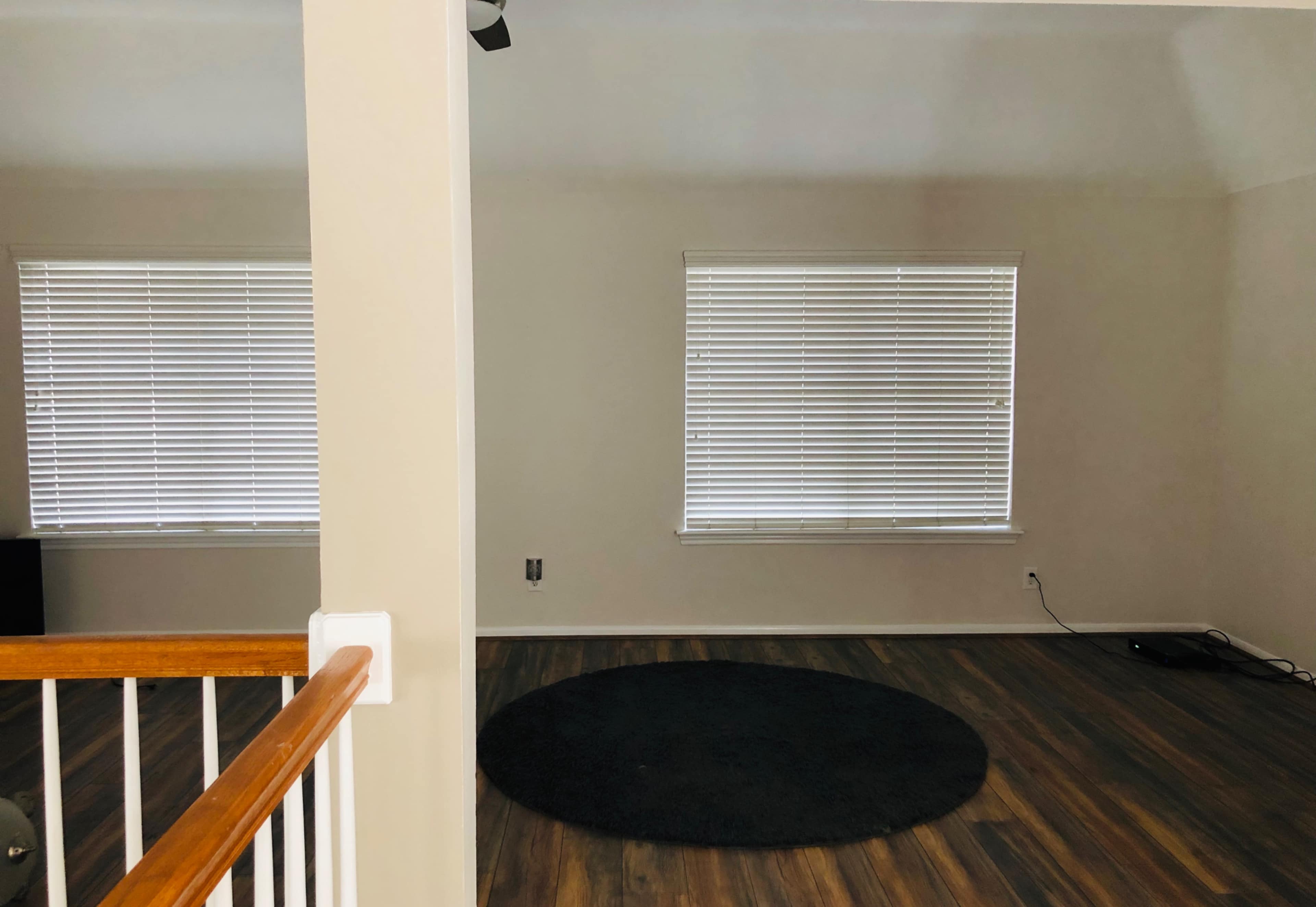 A room with hardwood flooring features two windows with blinds, a circular rug on the floor, and a railing visible in the foreground.