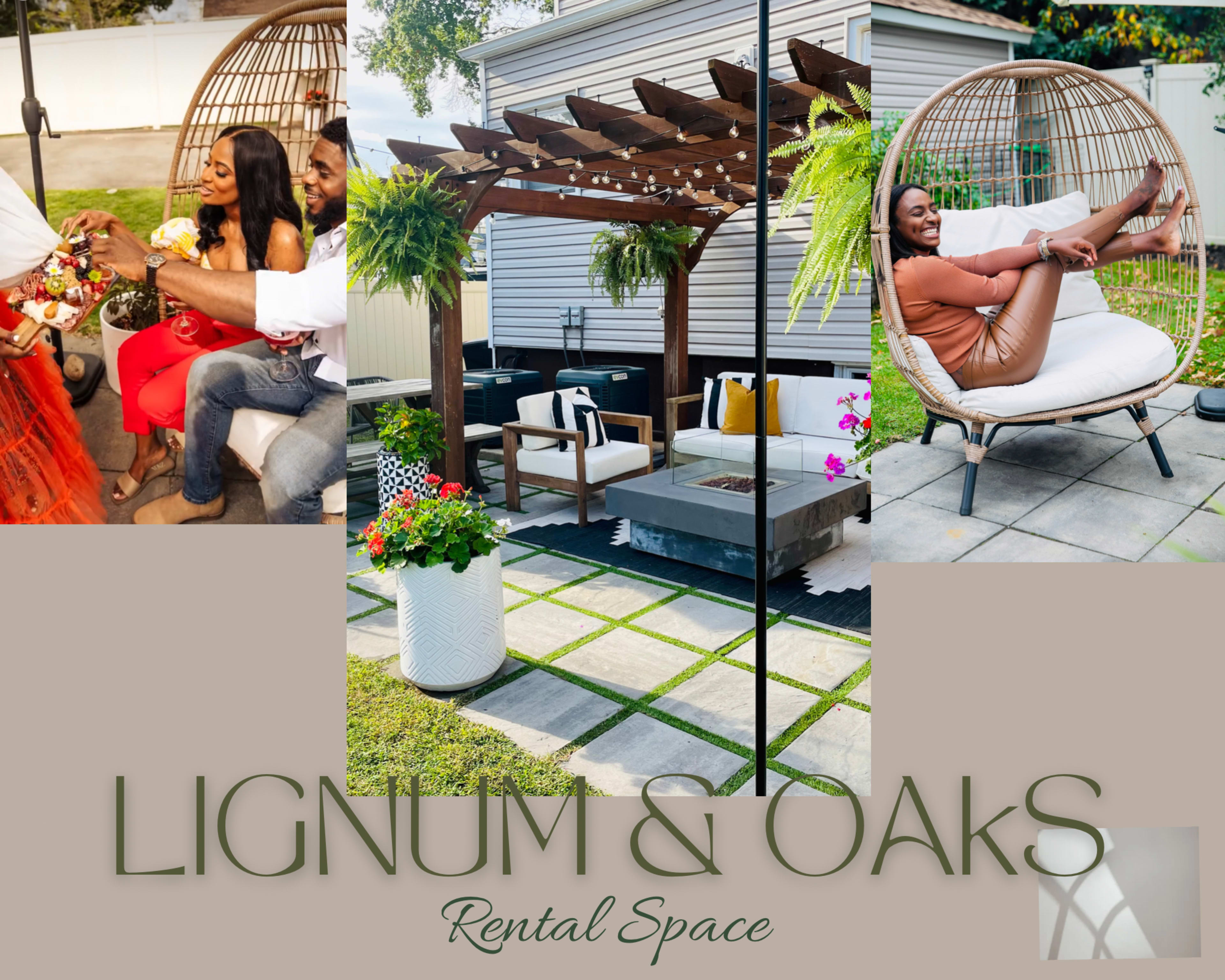 A stylish rental space with a cozy seating area, a hanging chair, and vibrant greenery, perfect for gatherings.