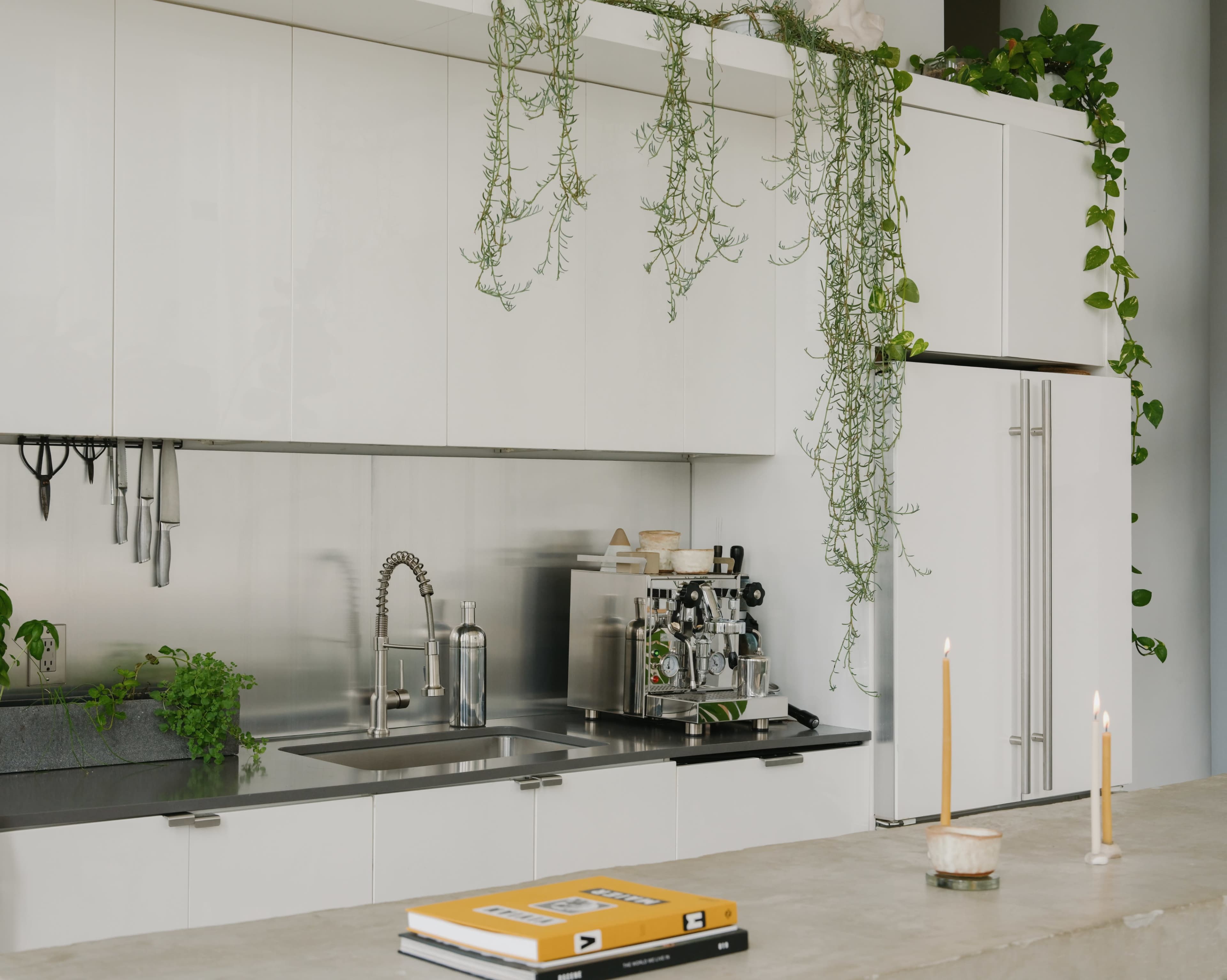 A modern kitchen with white cabinets, a stainless steel backsplash, a coffee machine, and plants draping from shelves.