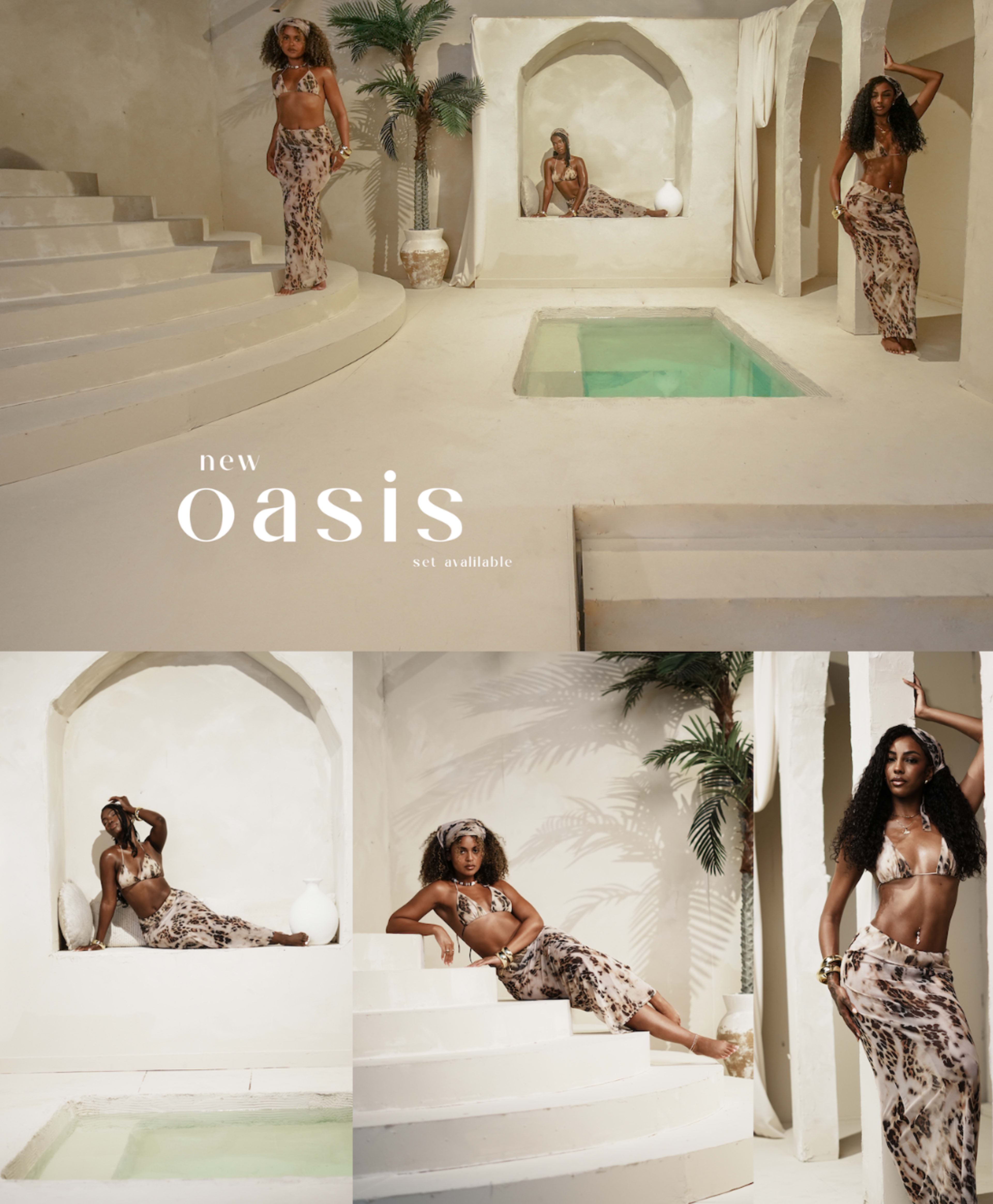 A model poses in a stylish, minimalist interior featuring a small pool and palm plants.