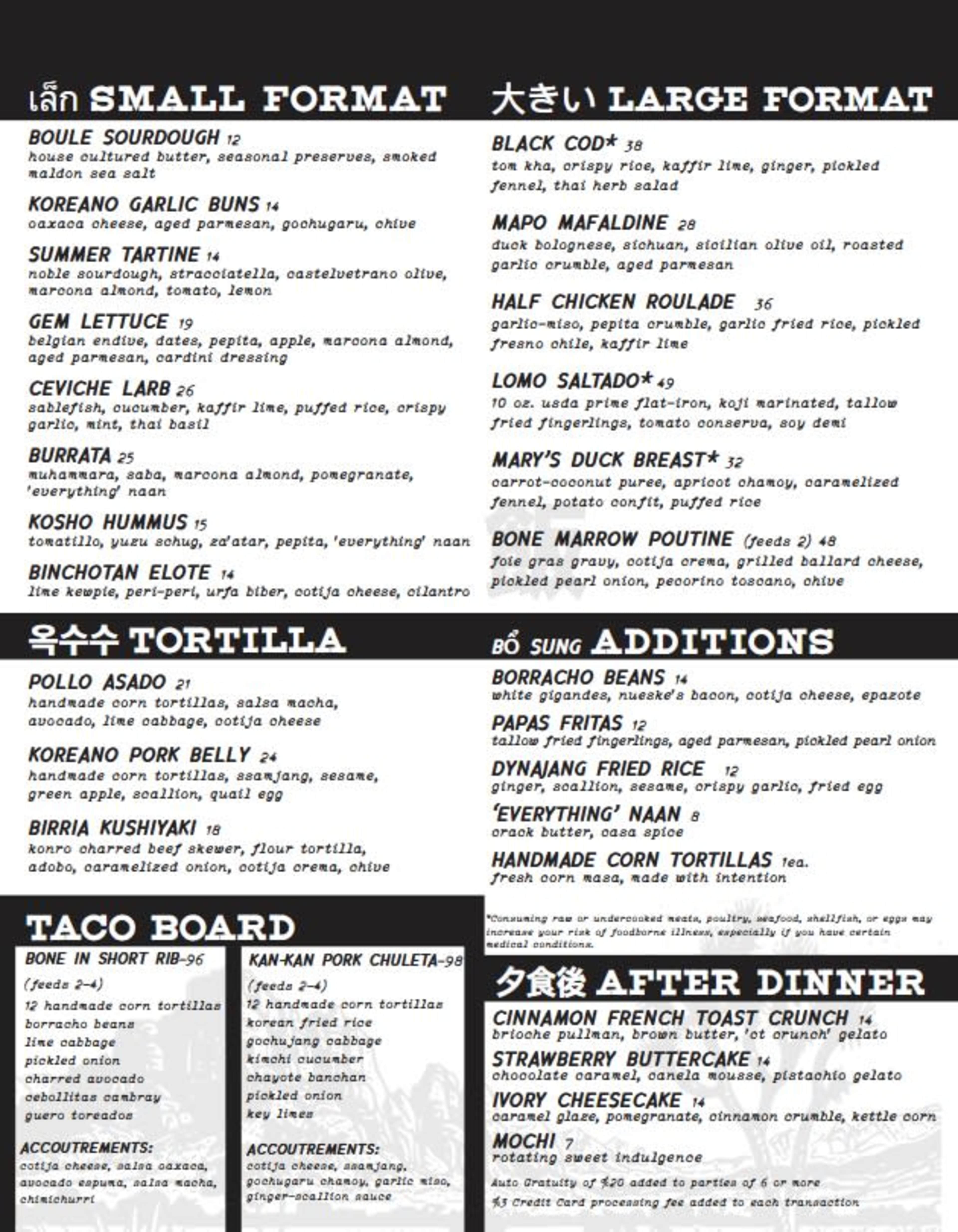 Menu offerings