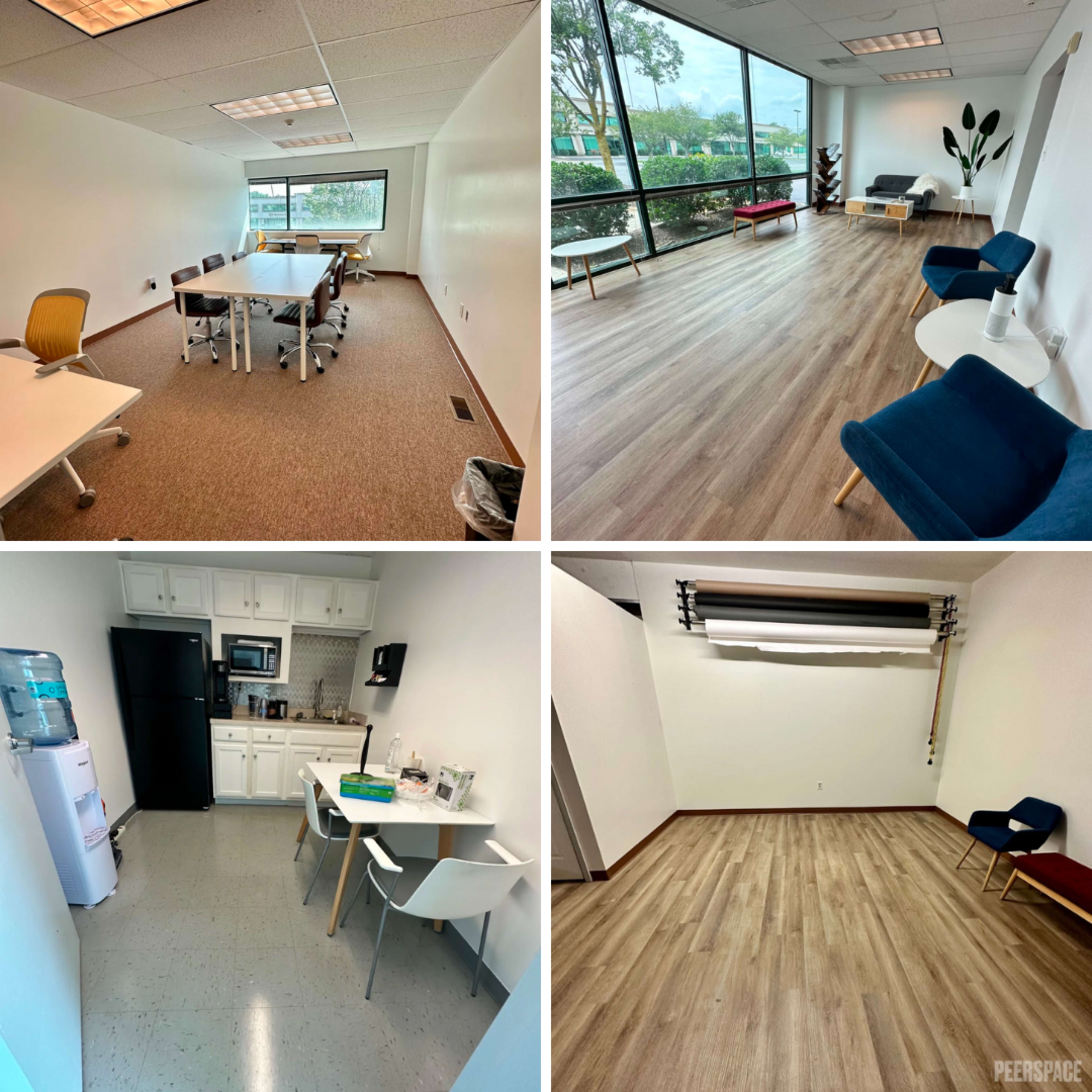 Four separate rooms: a meeting space with tables and chairs, a lounge area with seating and large windows, a kitchen equipped with appliances and a water cooler, and an empty room with wooden floors.