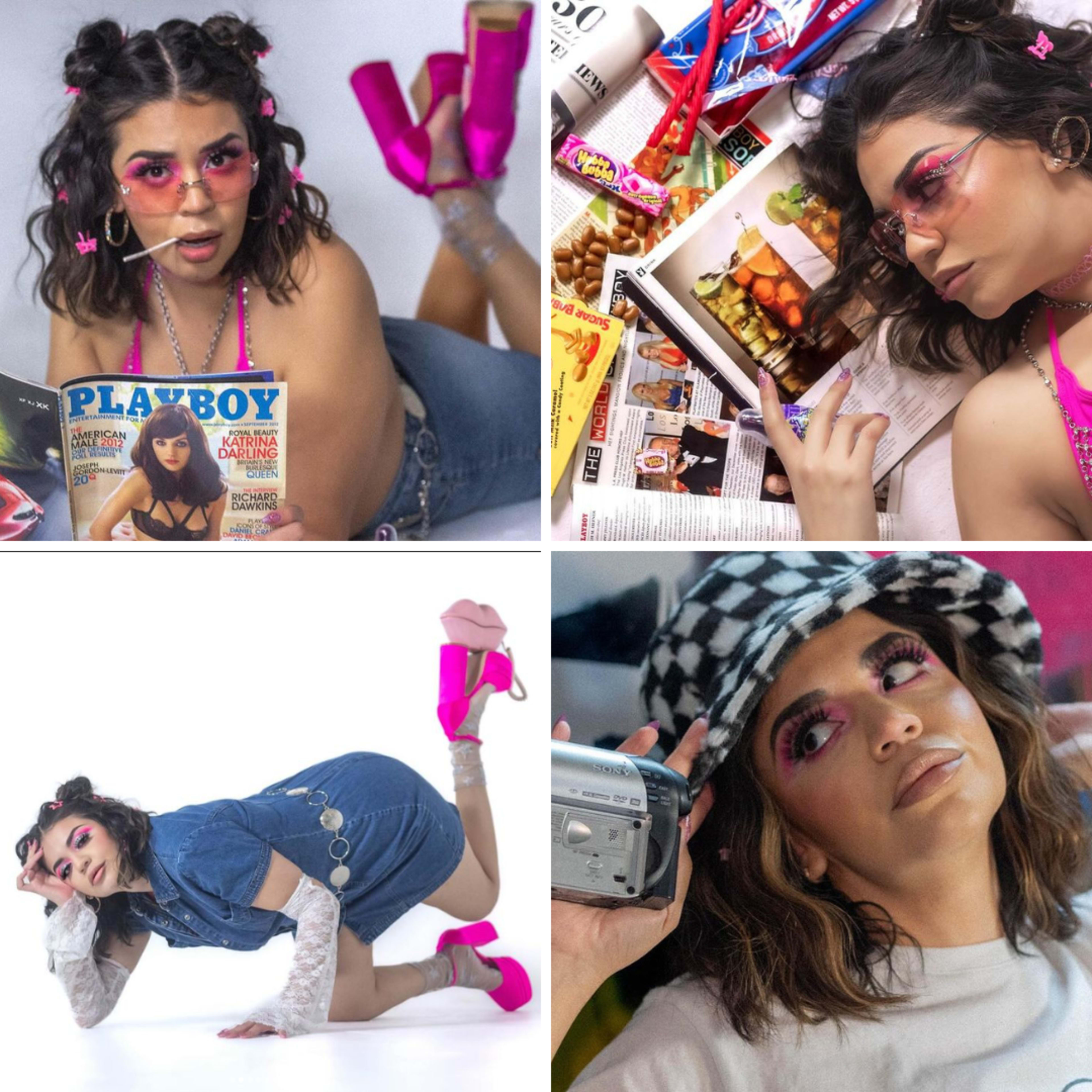 A collage of four scenes showcasing a model with pink accents, posing in various fashionable outfits and interacting with magazines and a vintage camera.