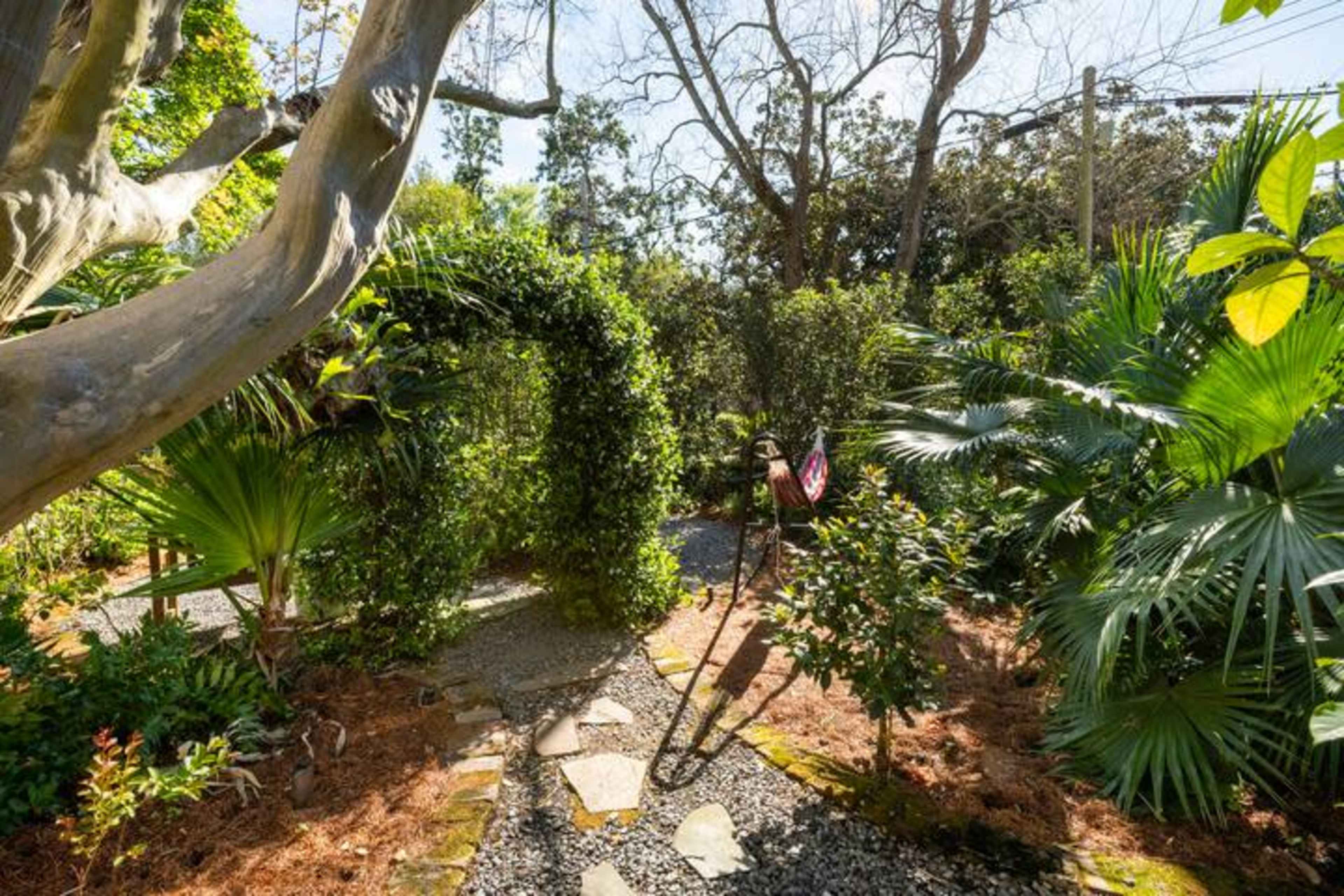 A winding stone path leads through a lush garden filled with various trees and plants.