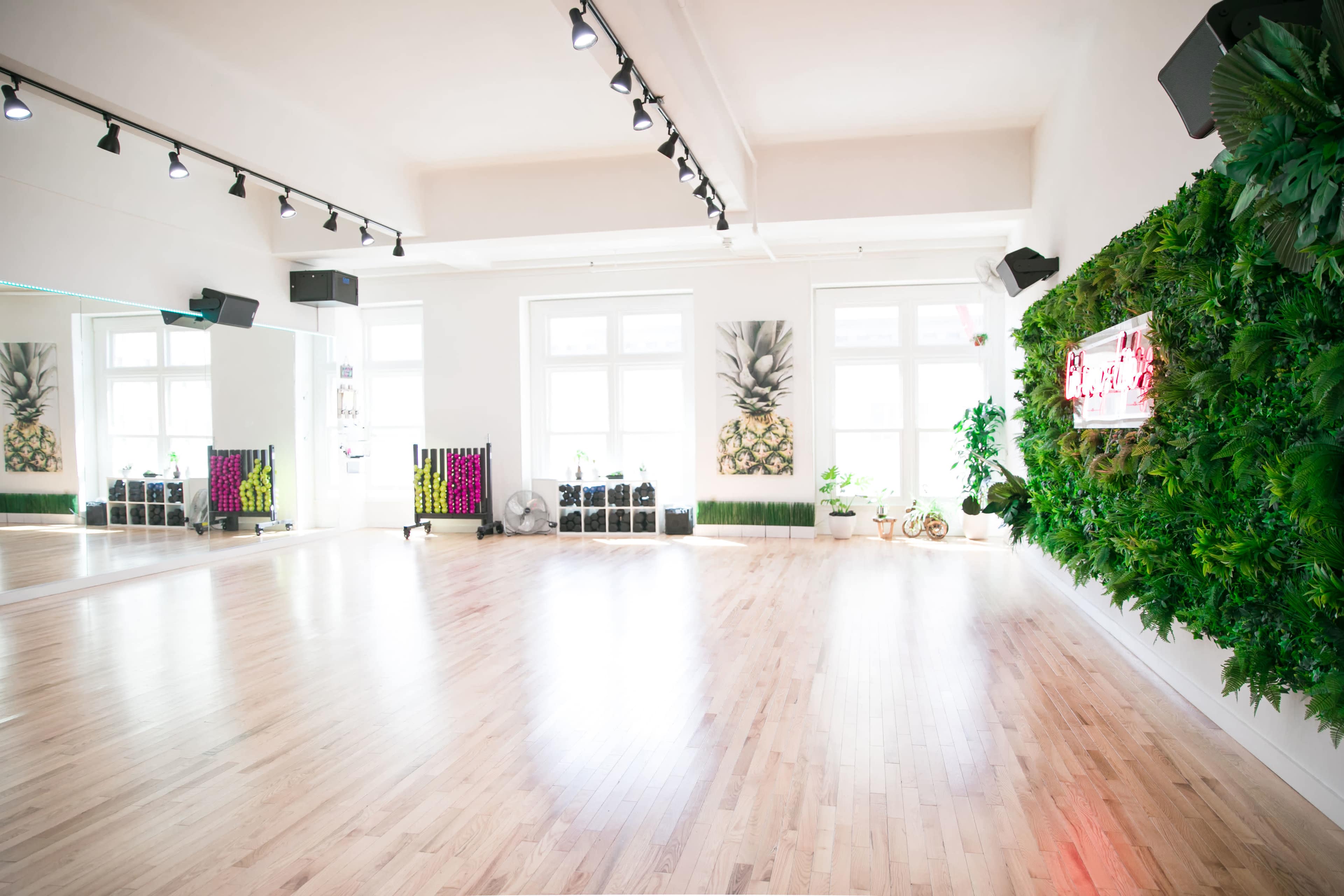 A spacious, well-lit studio with wooden floors, large windows, and greenery on one wall, complemented by decorative artwork featuring pineapples.