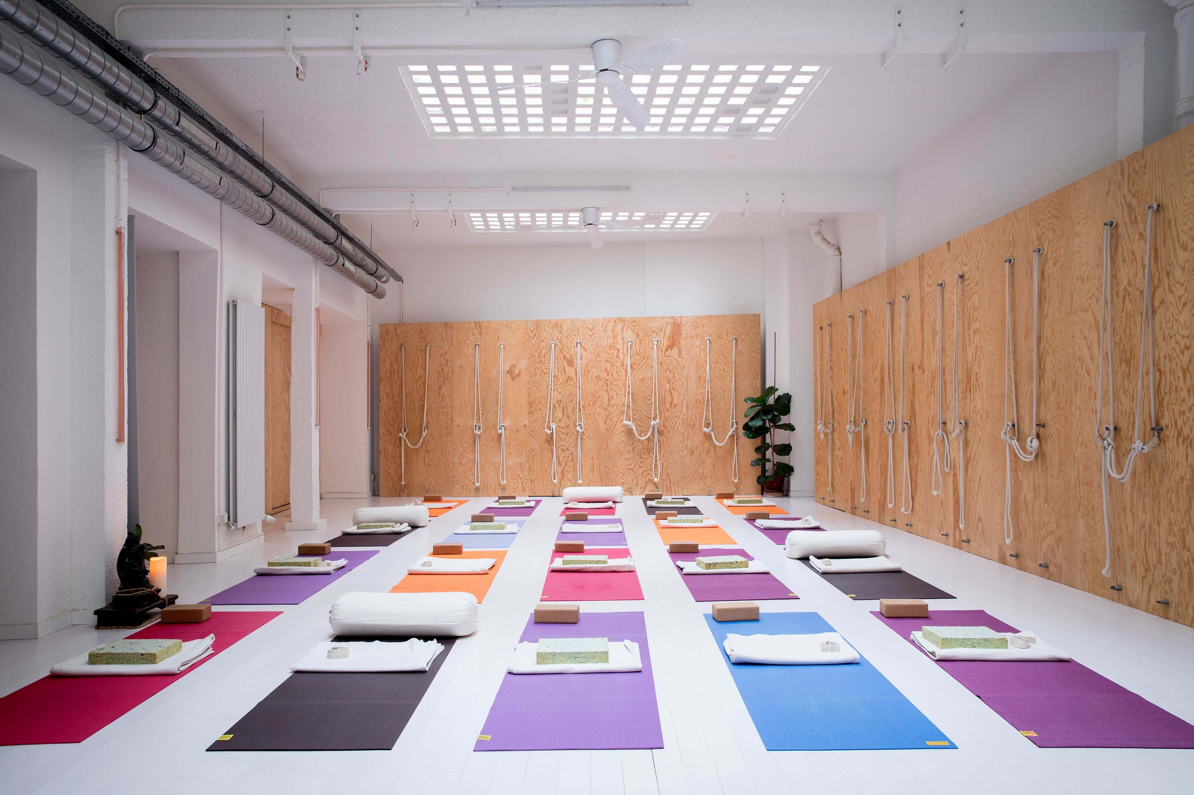A bright yoga studio with neatly arranged mats of various colors, placed on a white floor, and wooden walls featuring ropes for support.