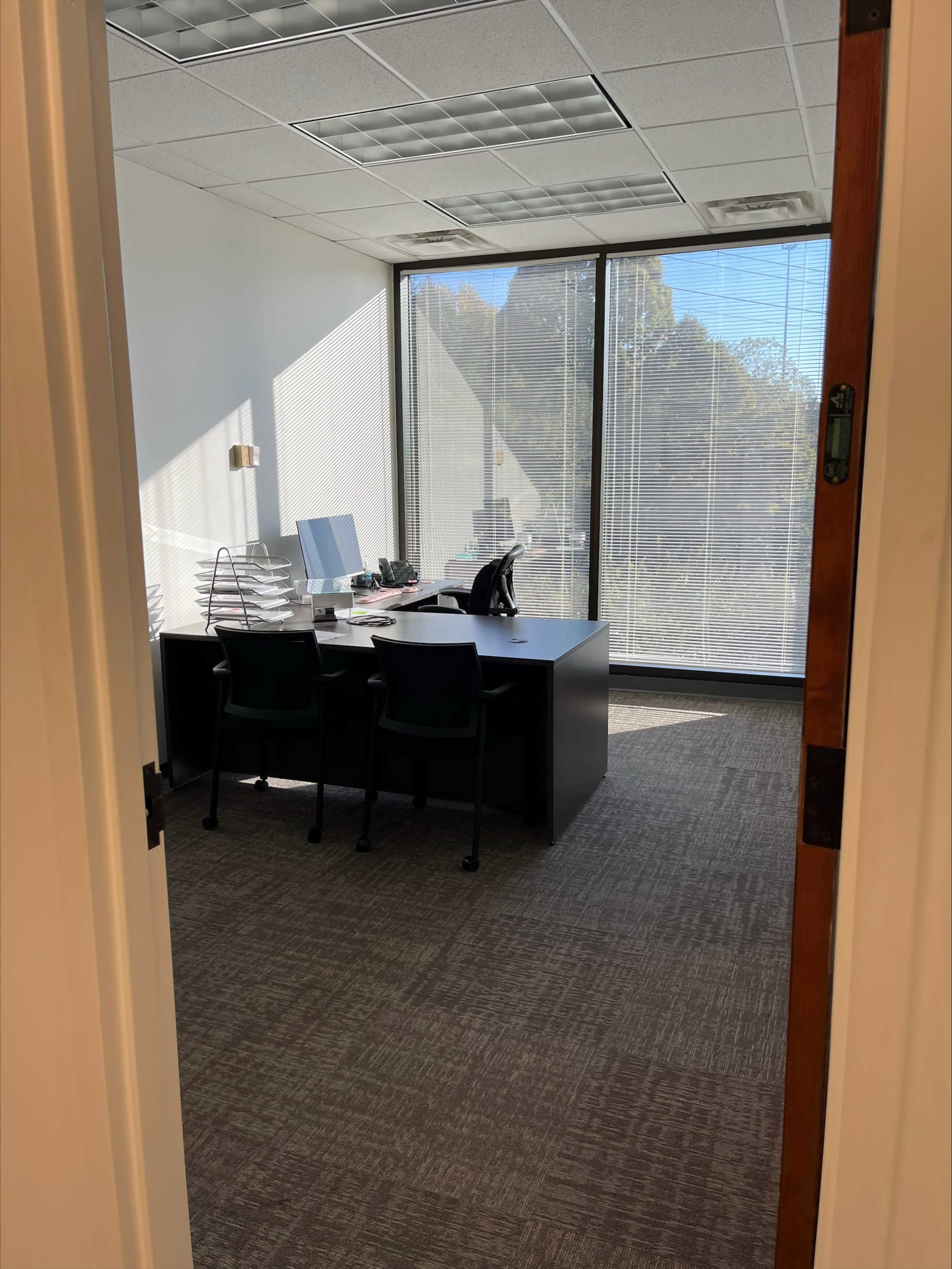 A small, well-lit office features a desk, chair, and filing organizer against a window with a view of trees outside.