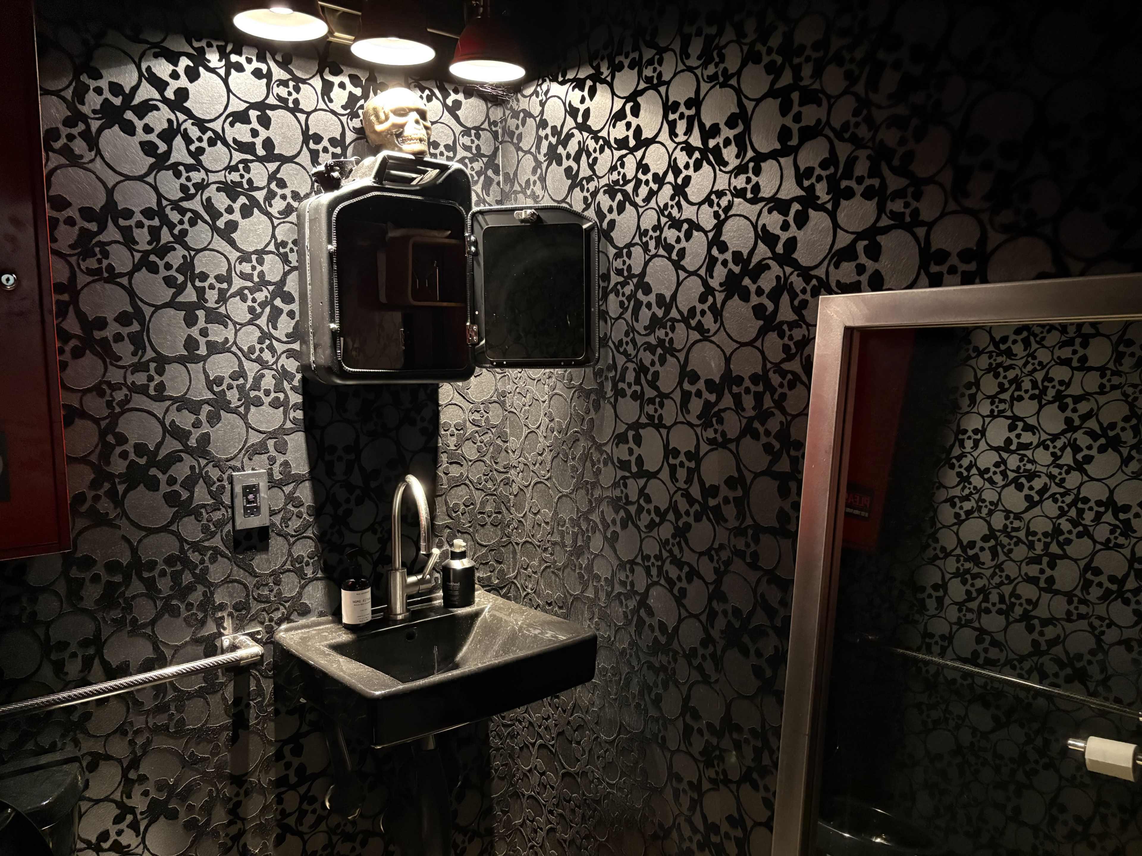 The image shows a bathroom with a black skull-patterned wall, a dark sink, and a mirror above it.