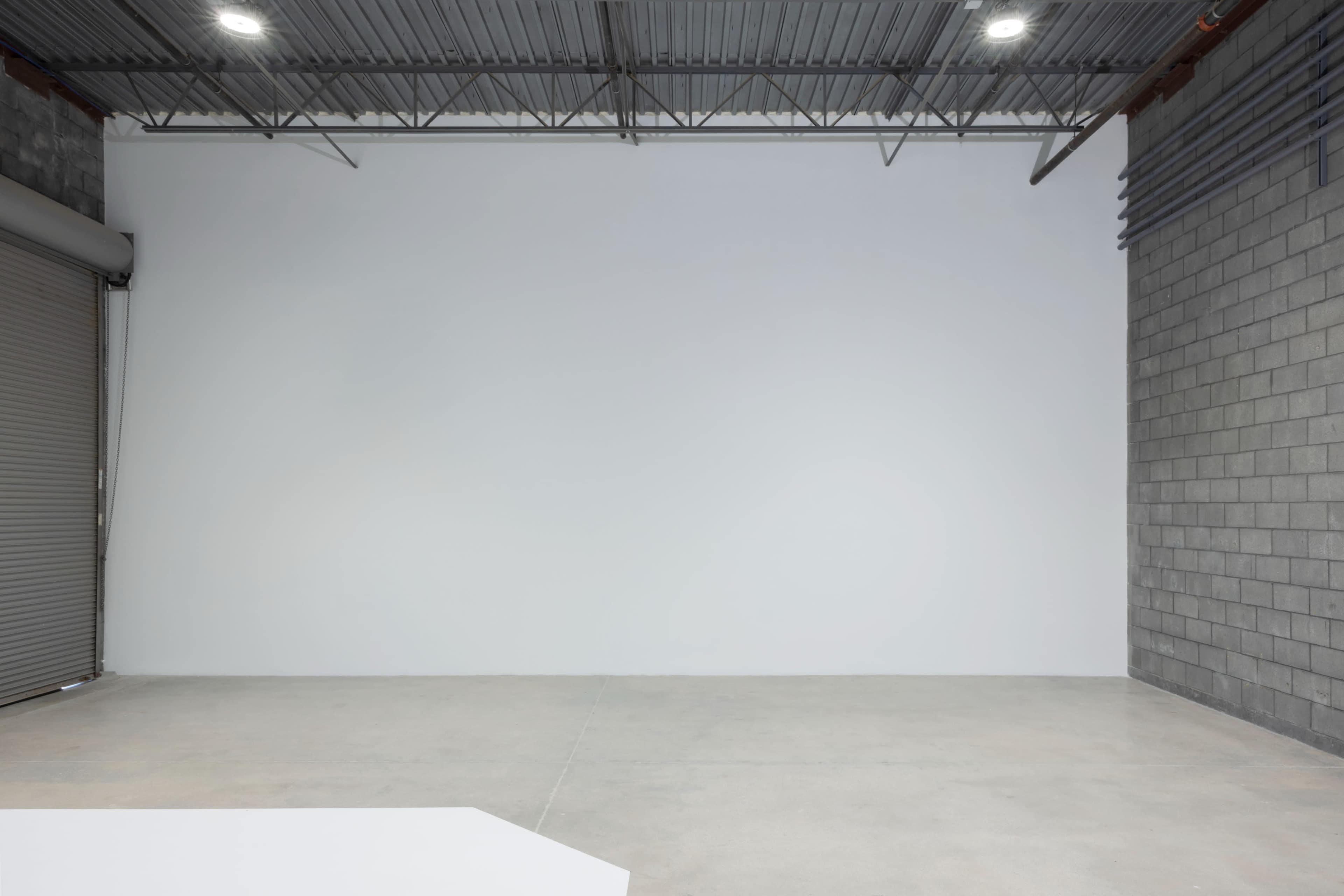 An empty industrial space with a concrete floor and a large blank wall.