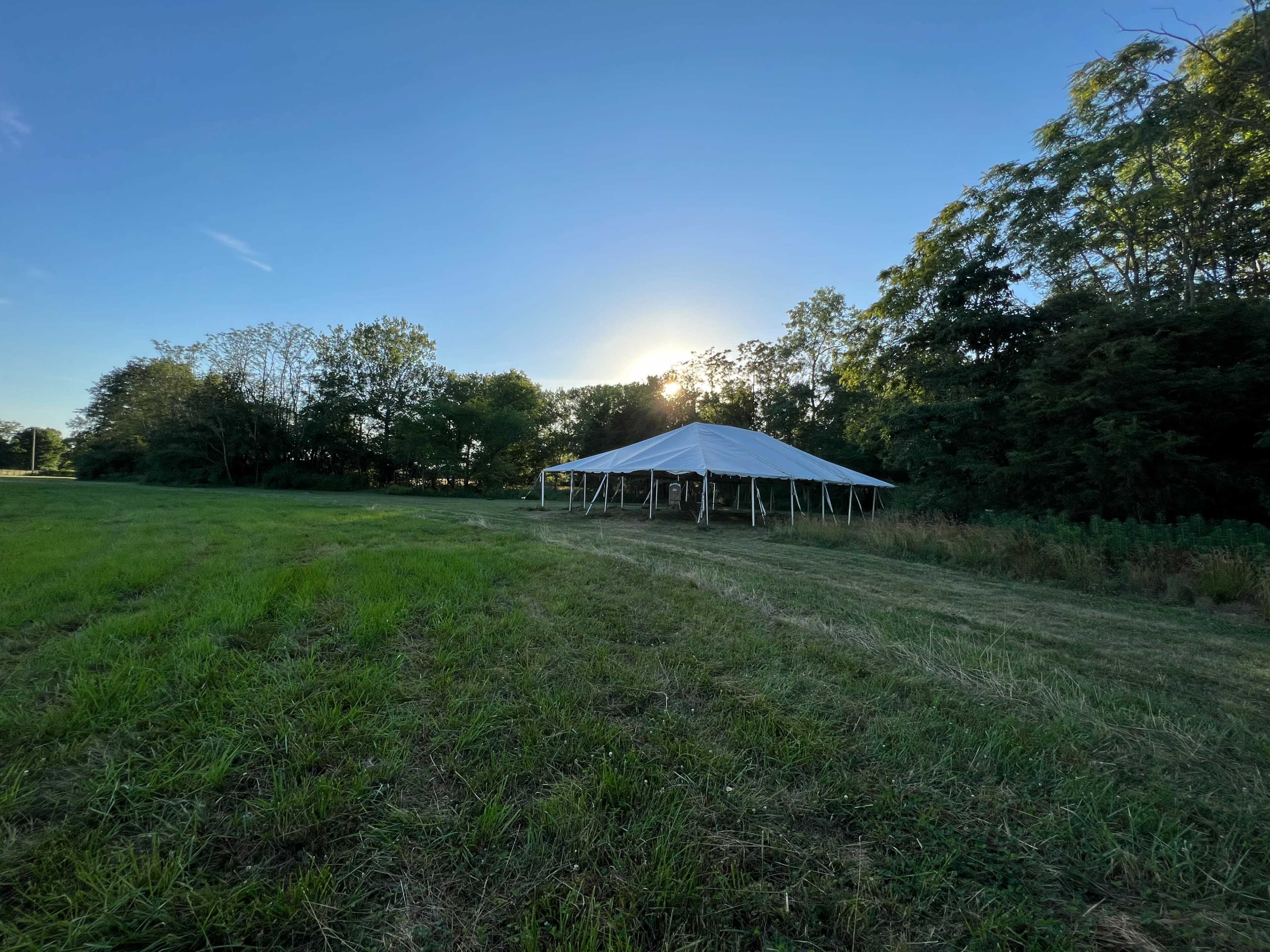 A white tent is set up on a grassy field with trees in the background and the sun illuminating the scene.