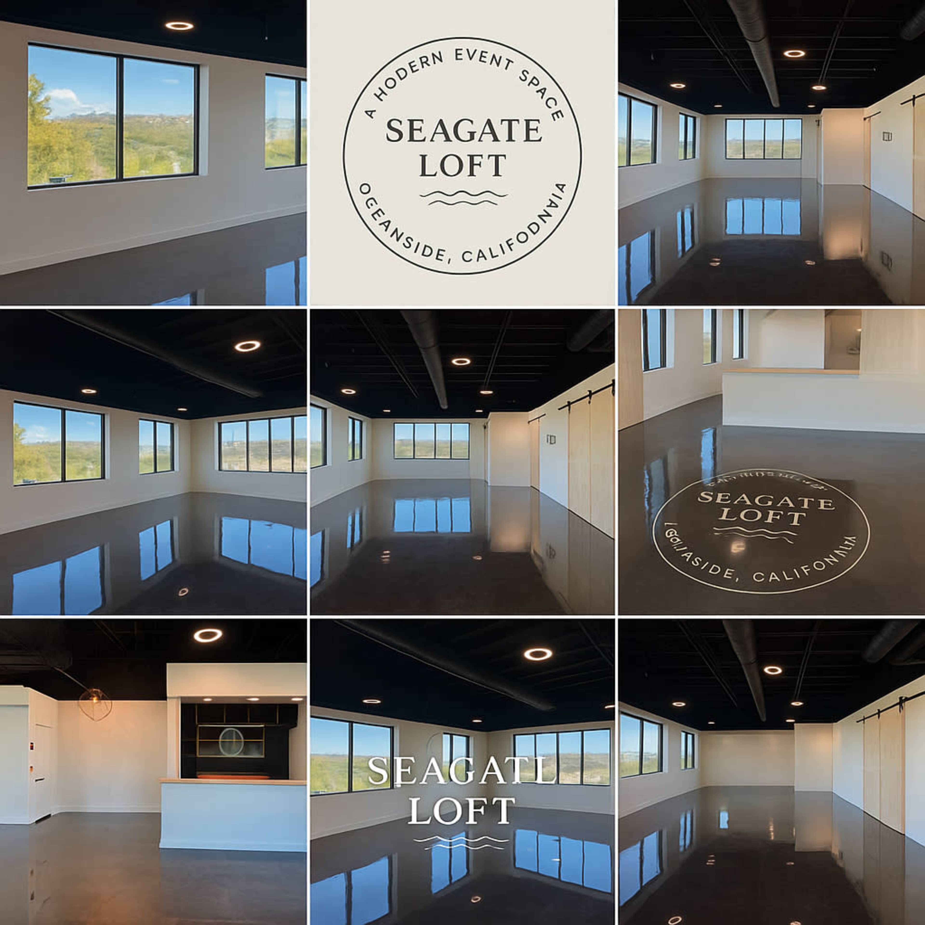 The image showcases a modern event space called Seagate Loft in Oceanside, California, featuring polished concrete floors and large windows offering panoramic views.