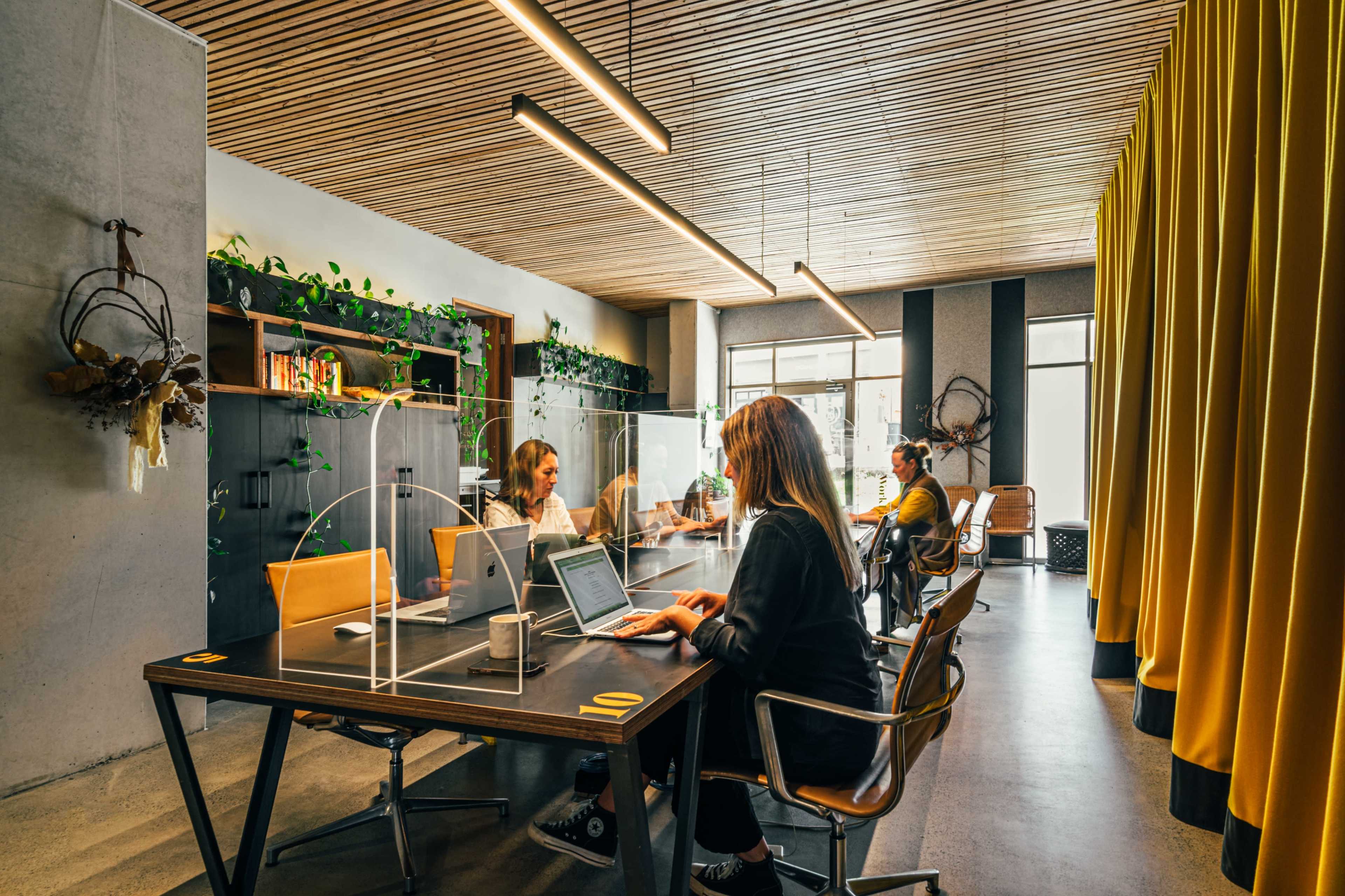 A group of professionals is engaged in a meeting around a long table in a well-lit, modern office space with plants and yellow curtains.