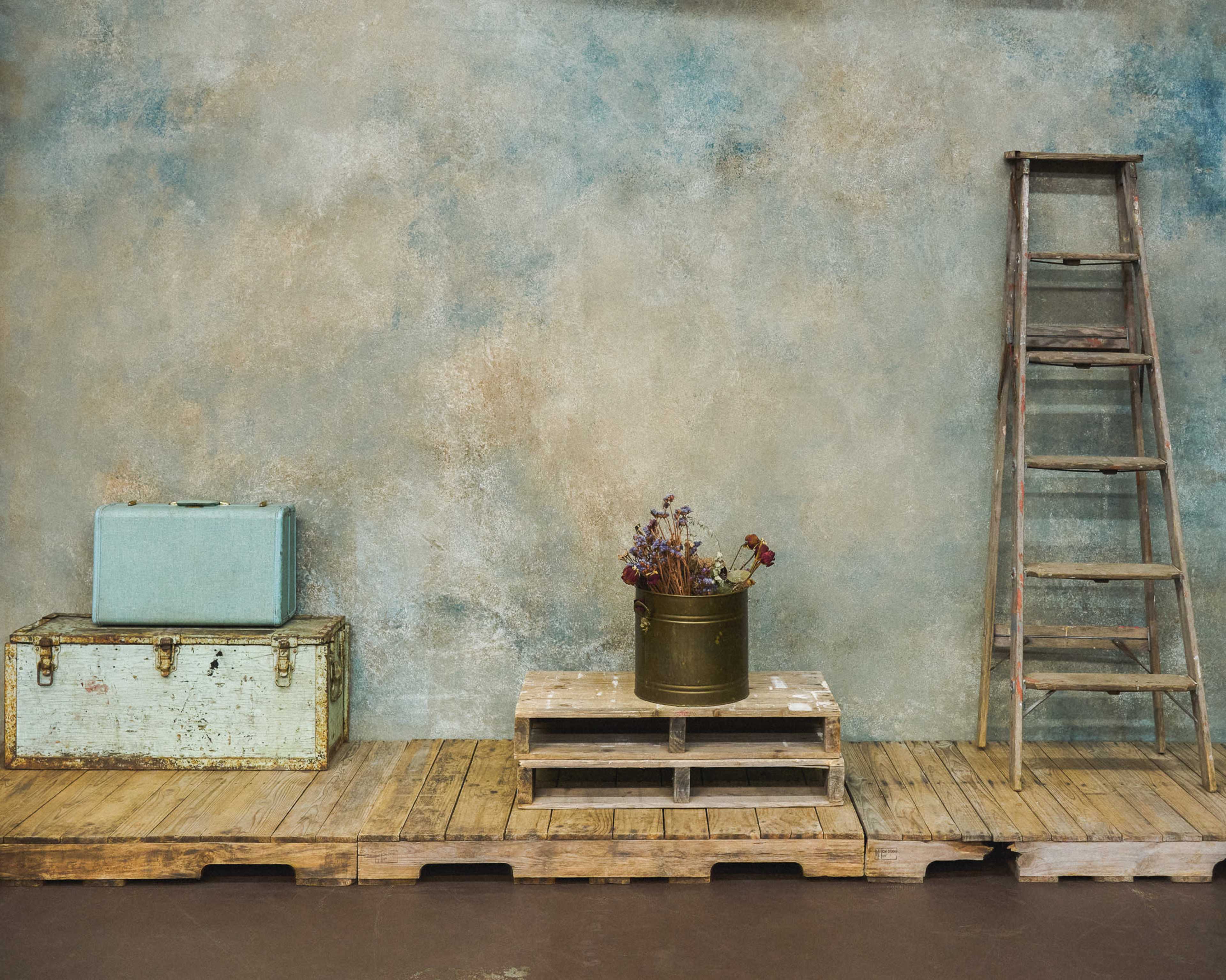 The scene features a rustic backdrop with a weathered wall, a wooden platform, a vintage suitcase, a metal bucket containing dried flowers, and a wooden ladder.