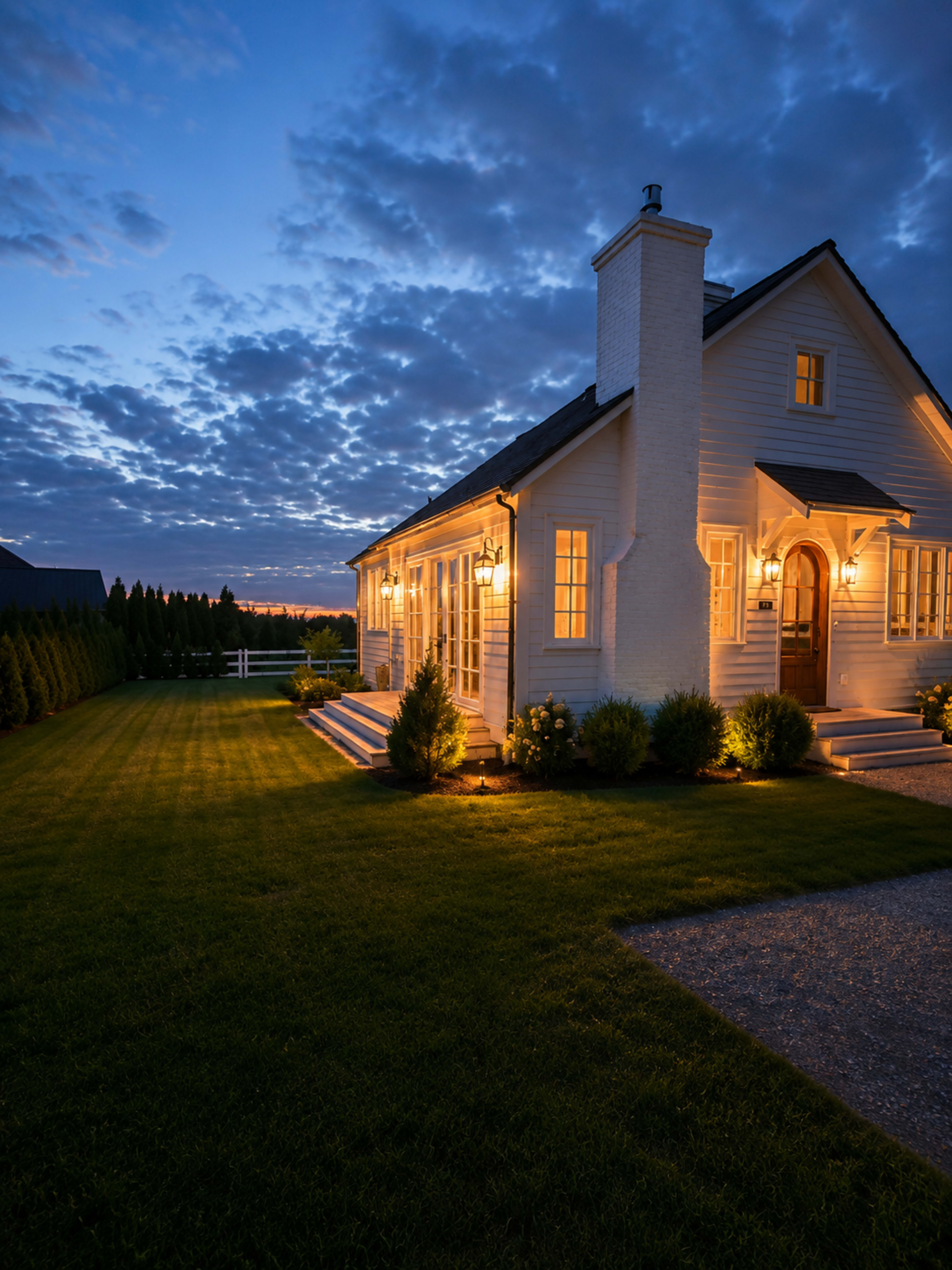 A white house with glowing windows is set against a twilight sky, surrounded by well-maintained greenery and a gravel pathway.