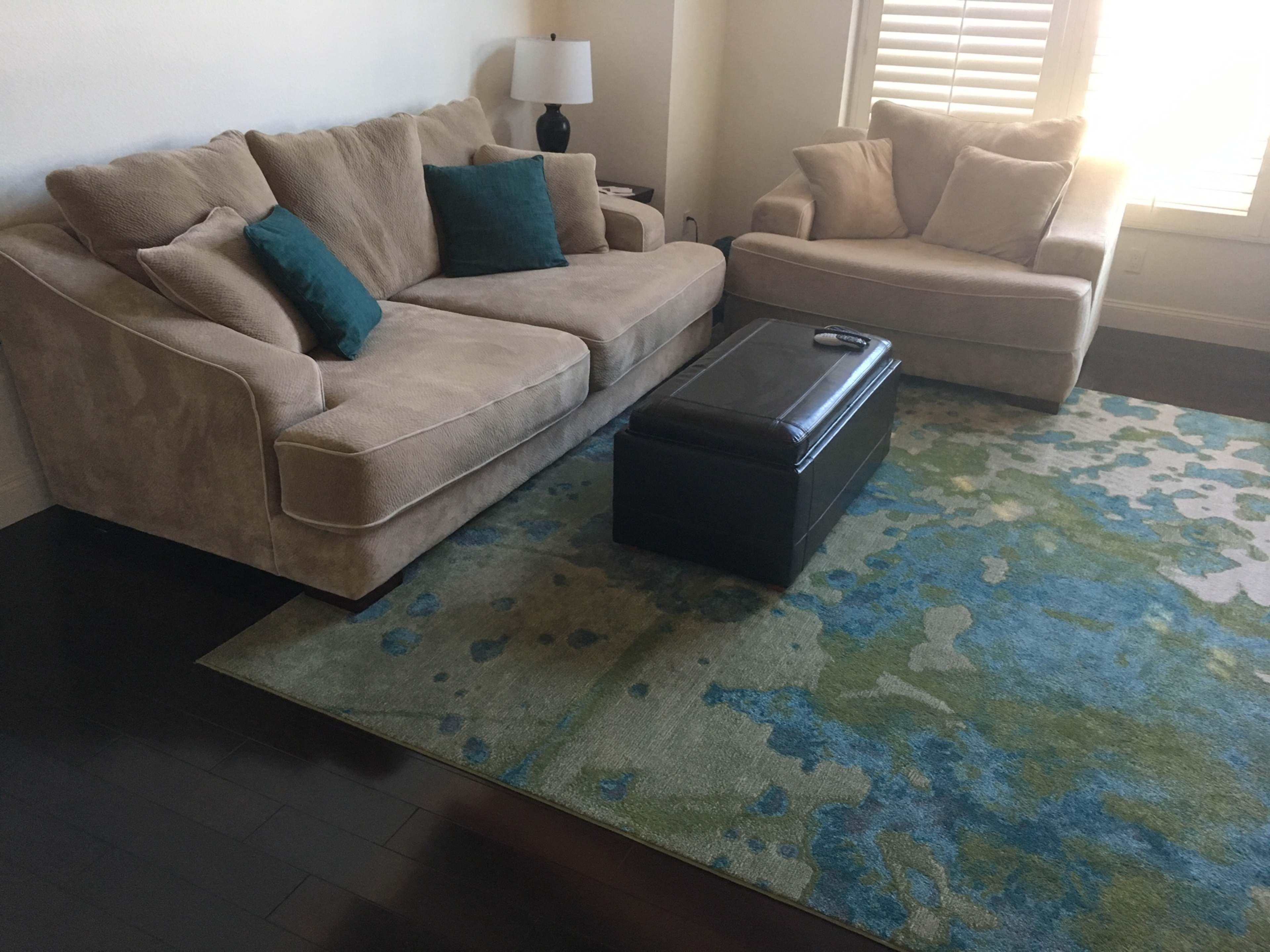 A living room with a beige sectional sofa, a matching armchair, a black storage ottoman, and a large area rug featuring a blue and green design.