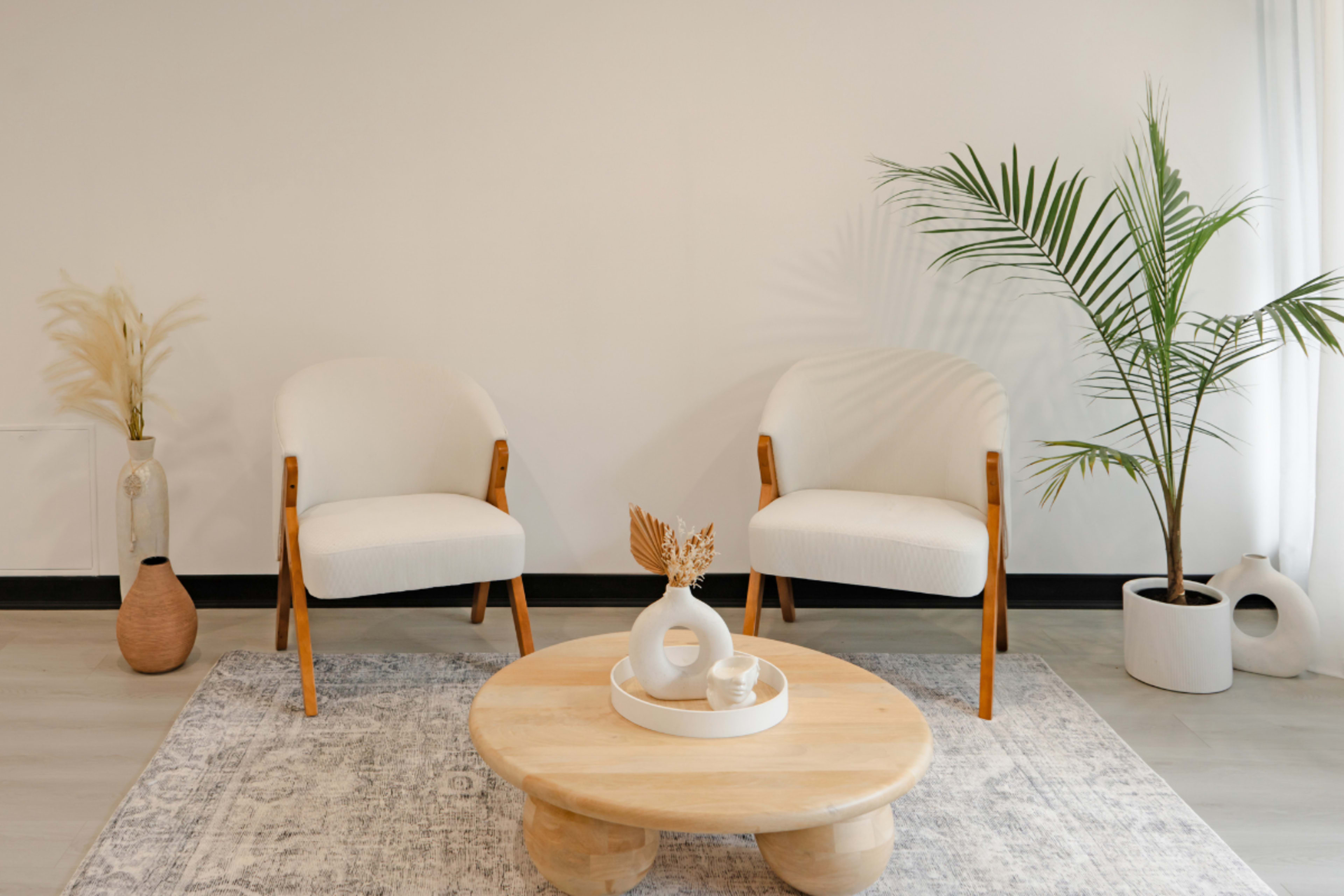 The image shows two white chairs facing a wooden round coffee table on a patterned rug, with a plant and decorative items in the background.