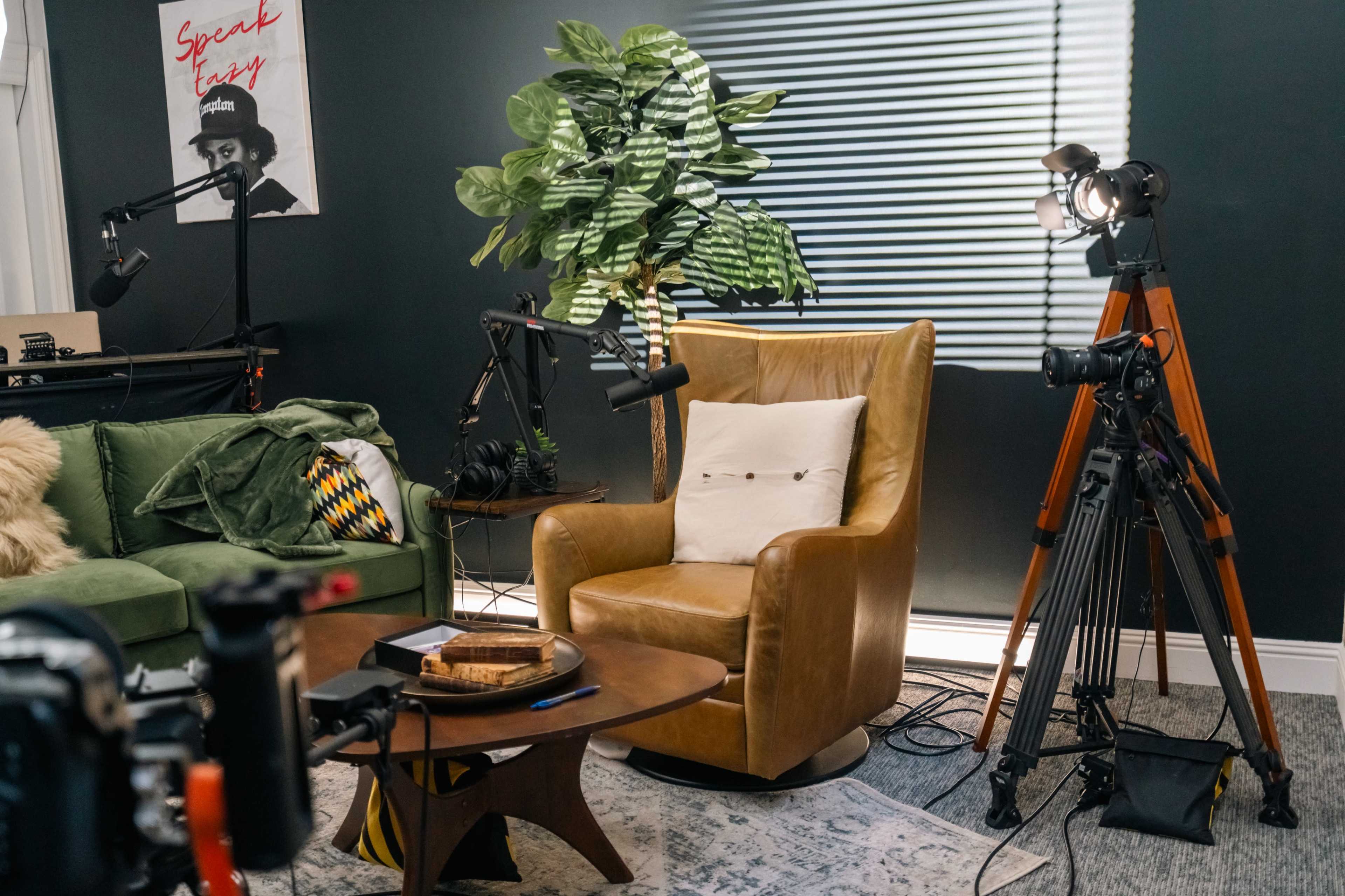 A cozy studio setup with a leather armchair, a green sofa, a potted plant, and camera equipment on tripods positioned next to a low table.