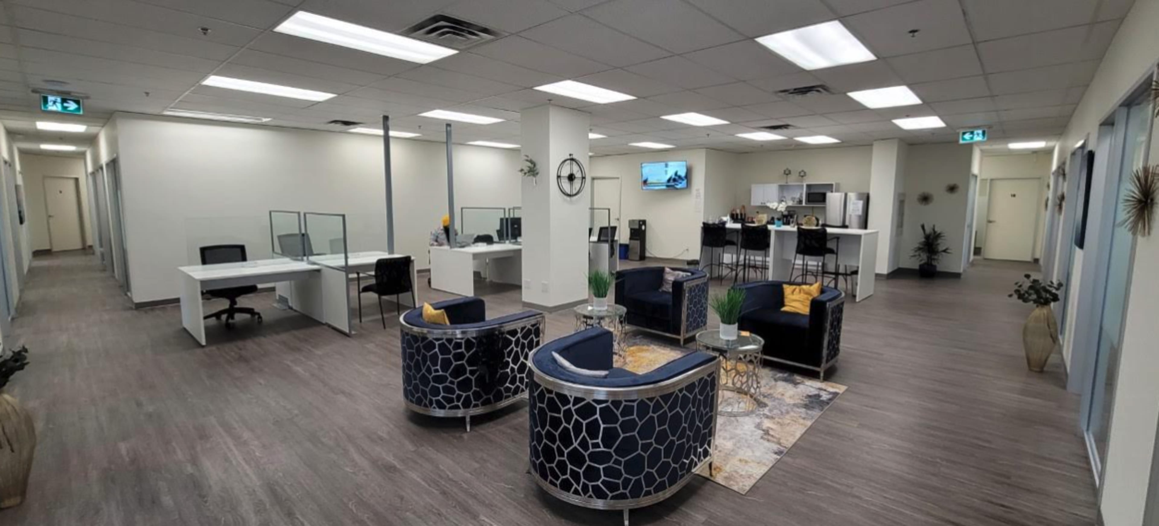 A modern office space with several workstations, a kitchenette, and seating areas arranged around decorative rugs.