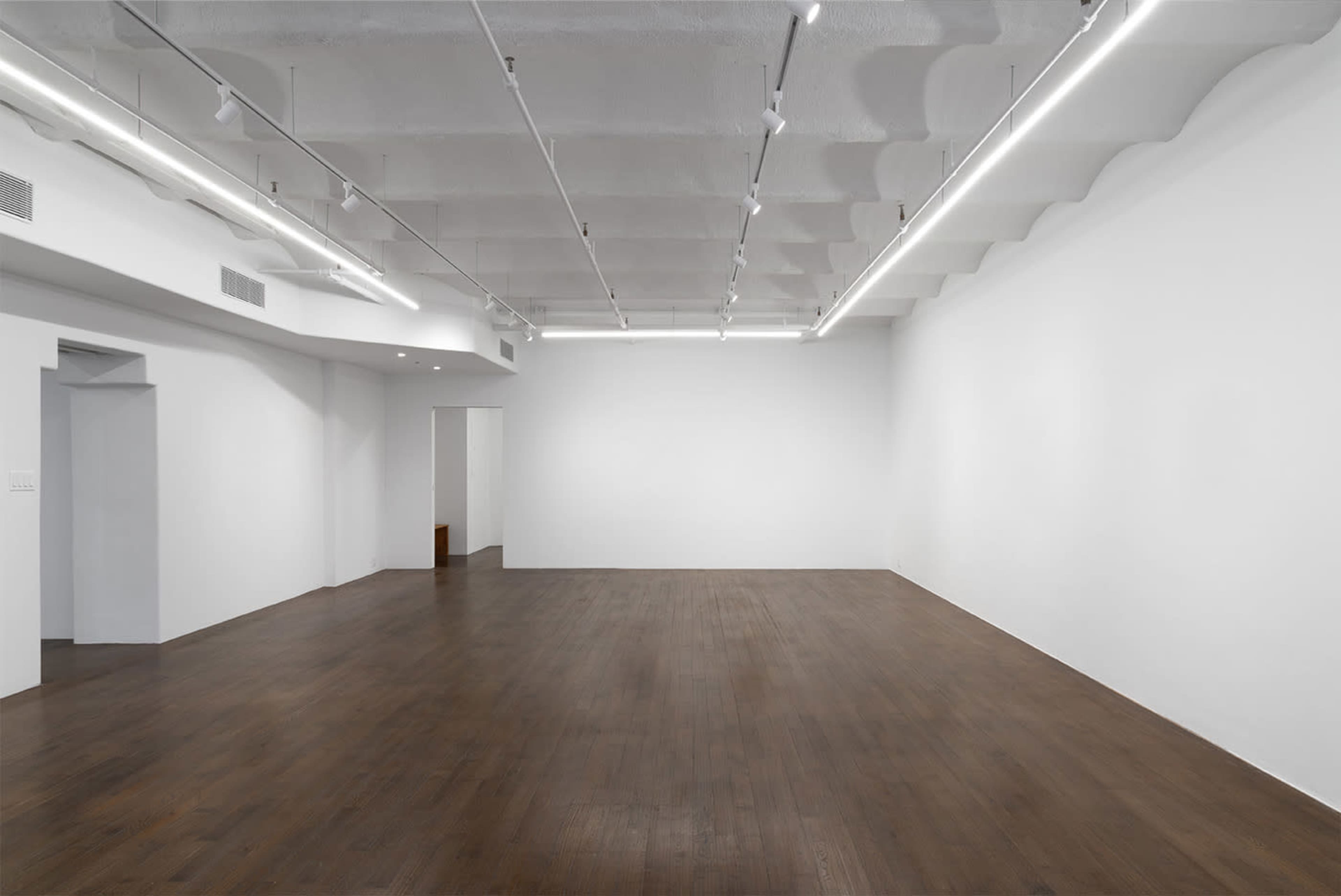 The image shows a spacious, minimalistic room with white walls, wooden flooring, and ceiling lights.