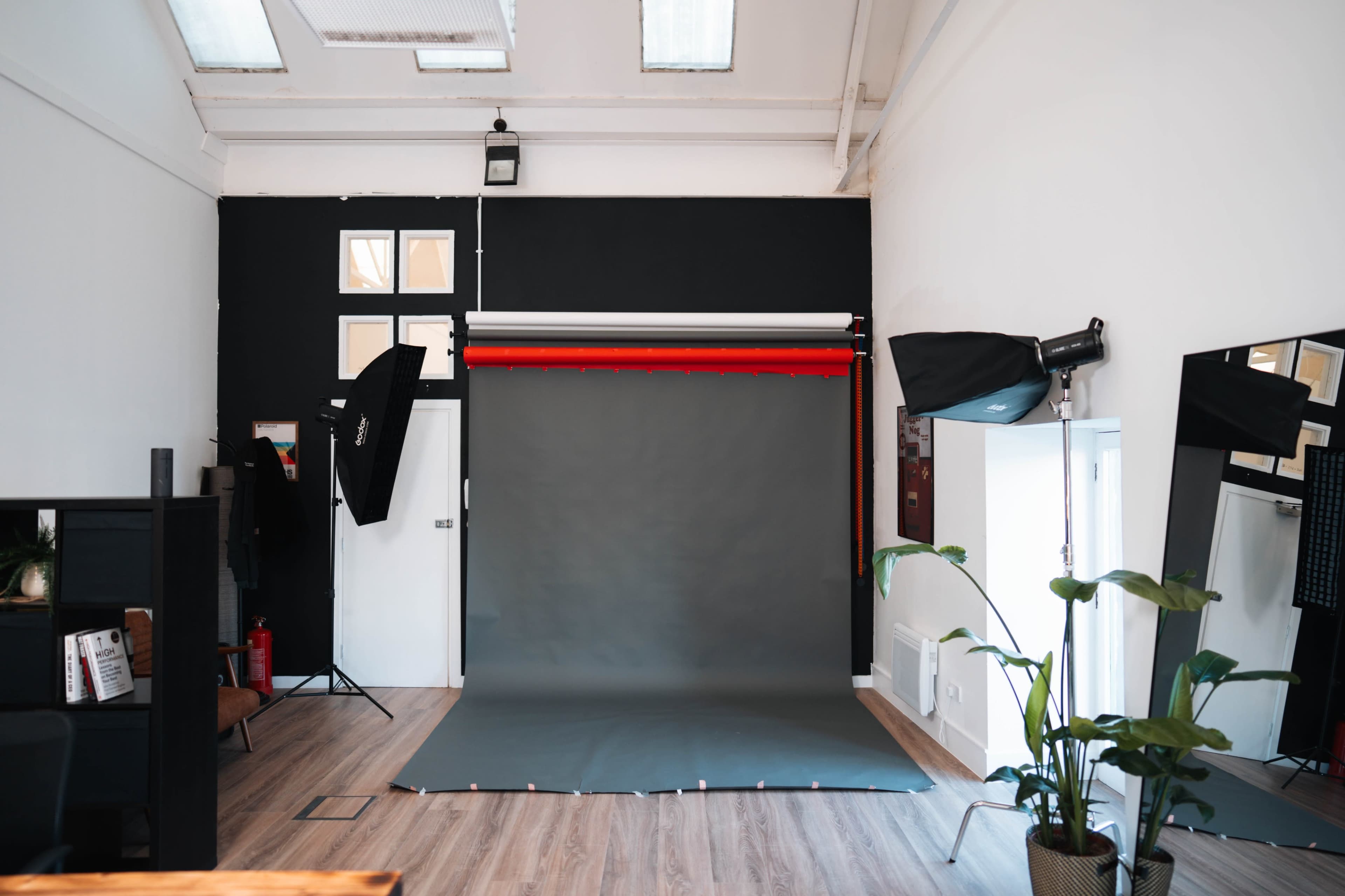 The image shows a photography studio featuring a gray backdrop, lighting equipment, a large mirror, and a potted plant in the corner.