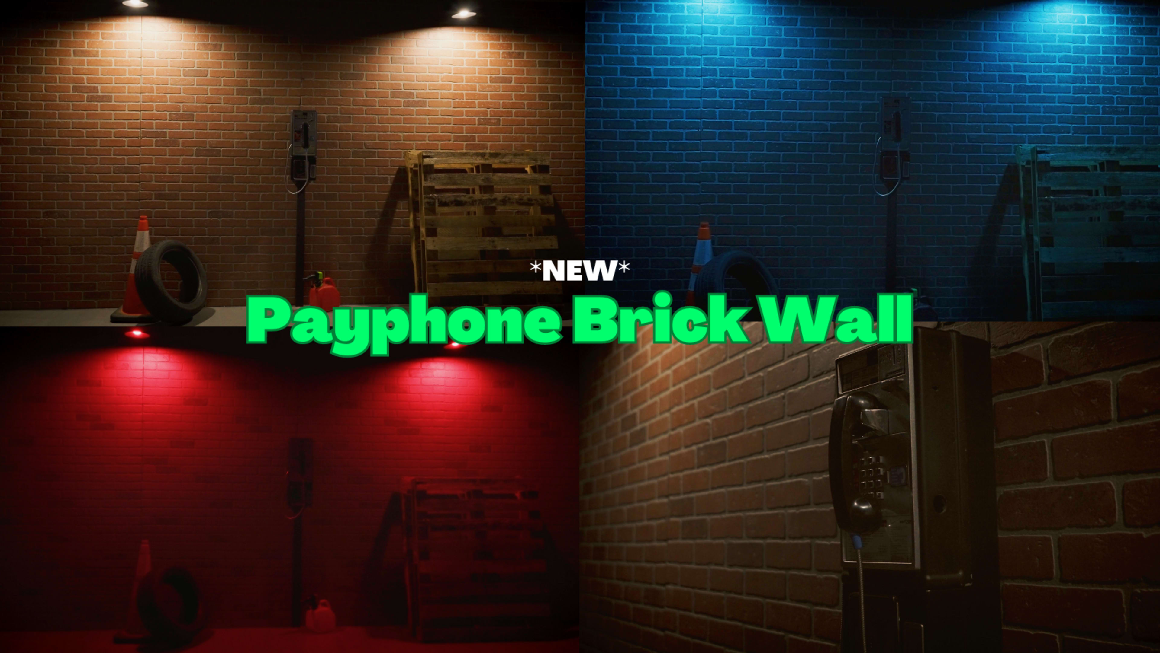 A brick wall with a payphone on it, illuminated in four different colors: red, blue, yellow, and green.