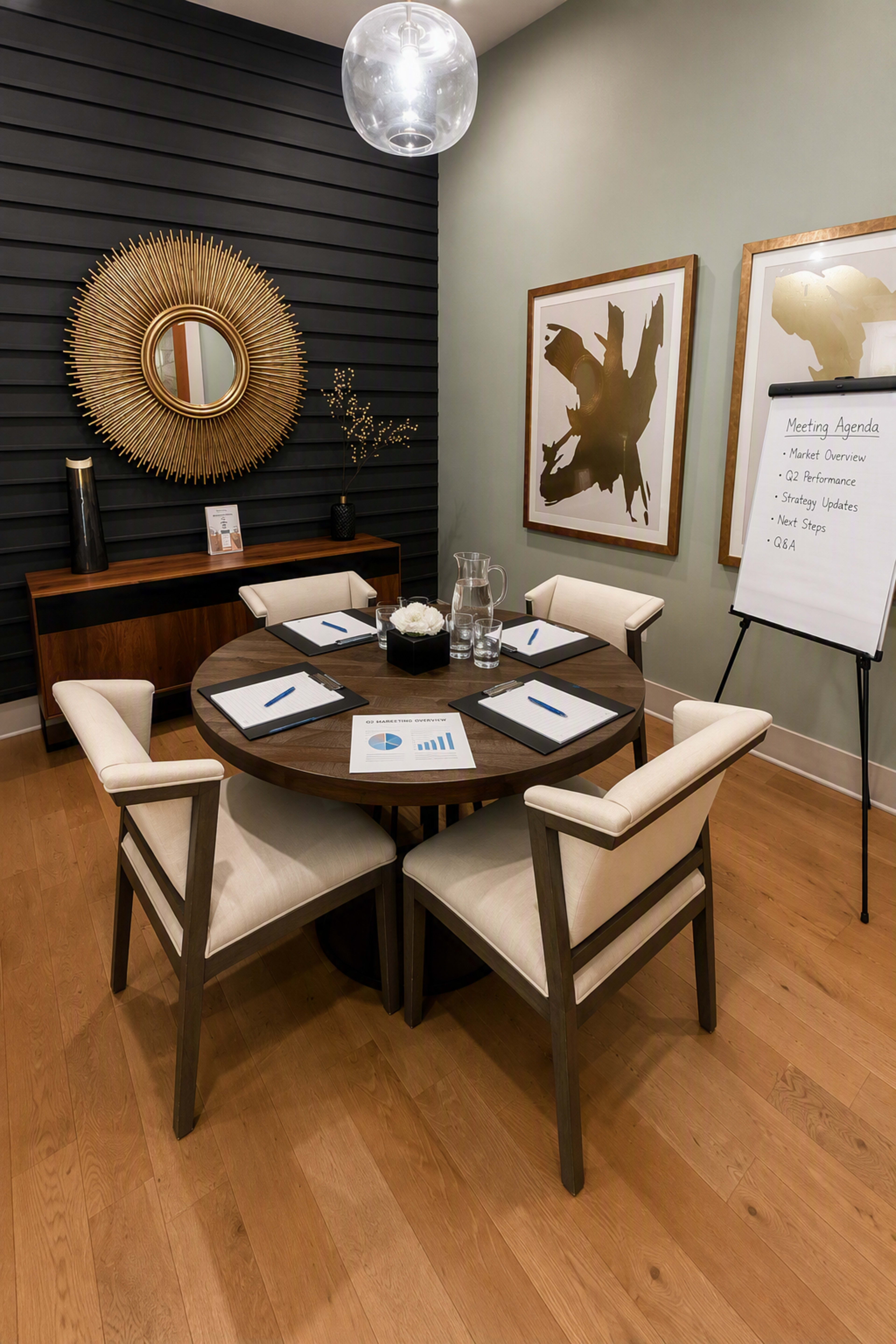 A conference room features a circular wooden table surrounded by four white upholstered chairs, with a presentation board and decor on the walls.