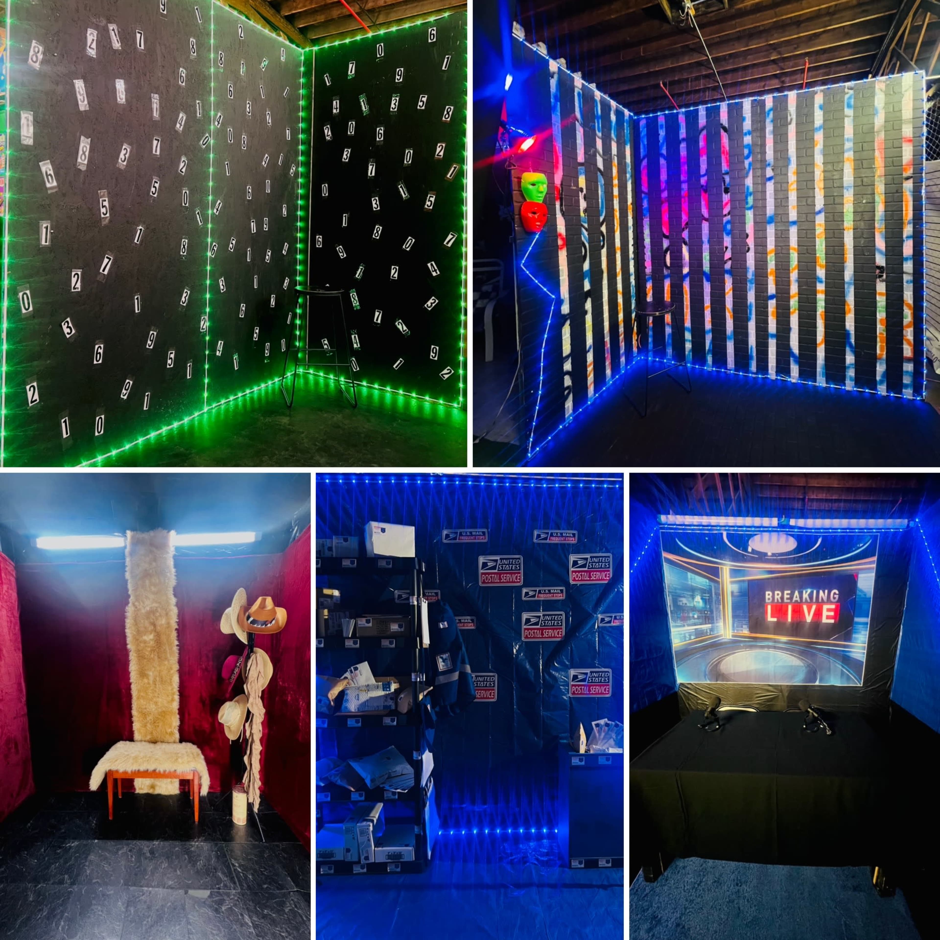 The image shows four distinct scenes featuring themed wall setups with colorful LED lighting, various props, and a studio-like backdrop labeled "BREAKING LIVE."
