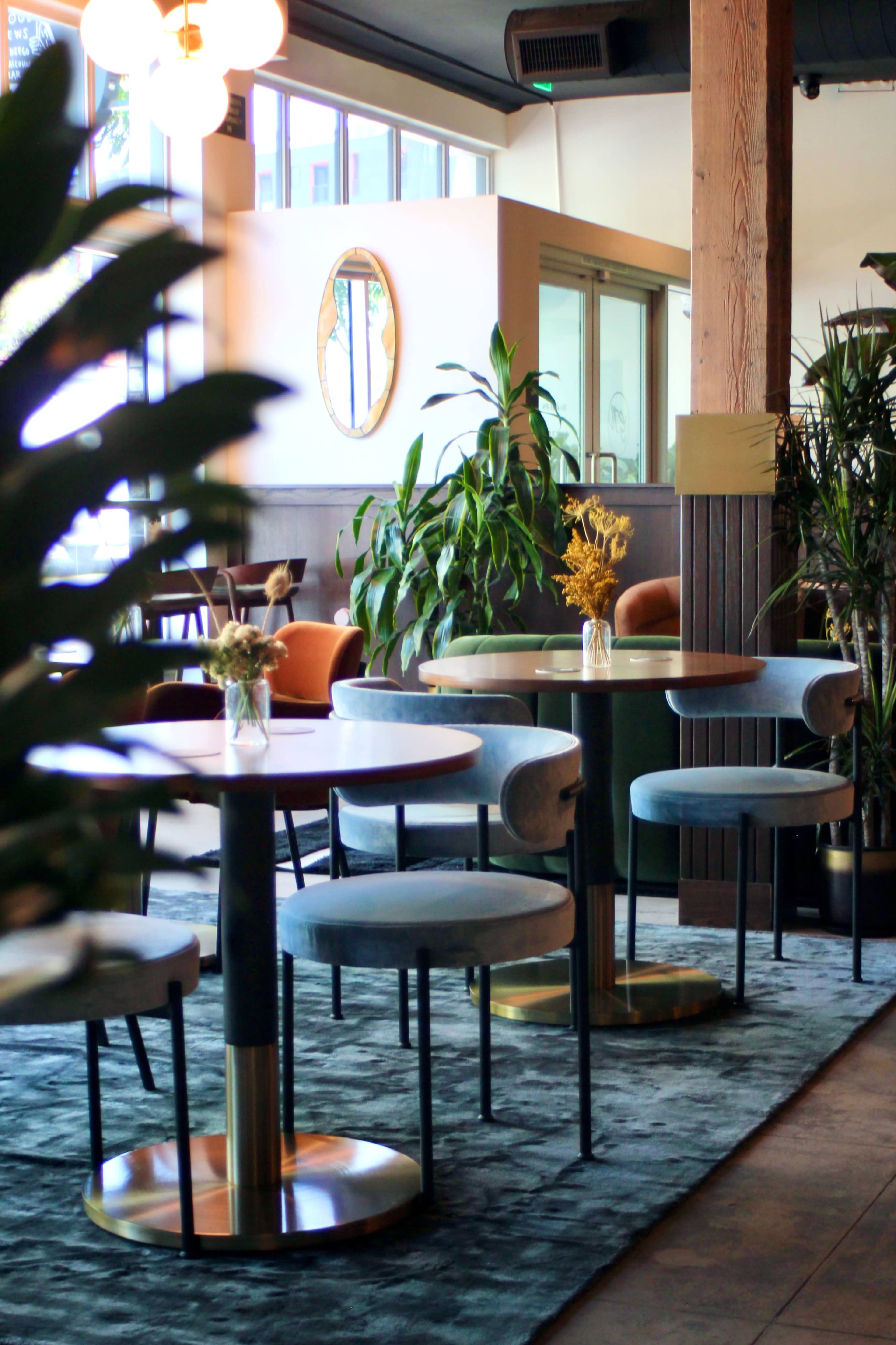 The image shows a modern cafe interior with round tables and upholstered chairs surrounded by various indoor plants.