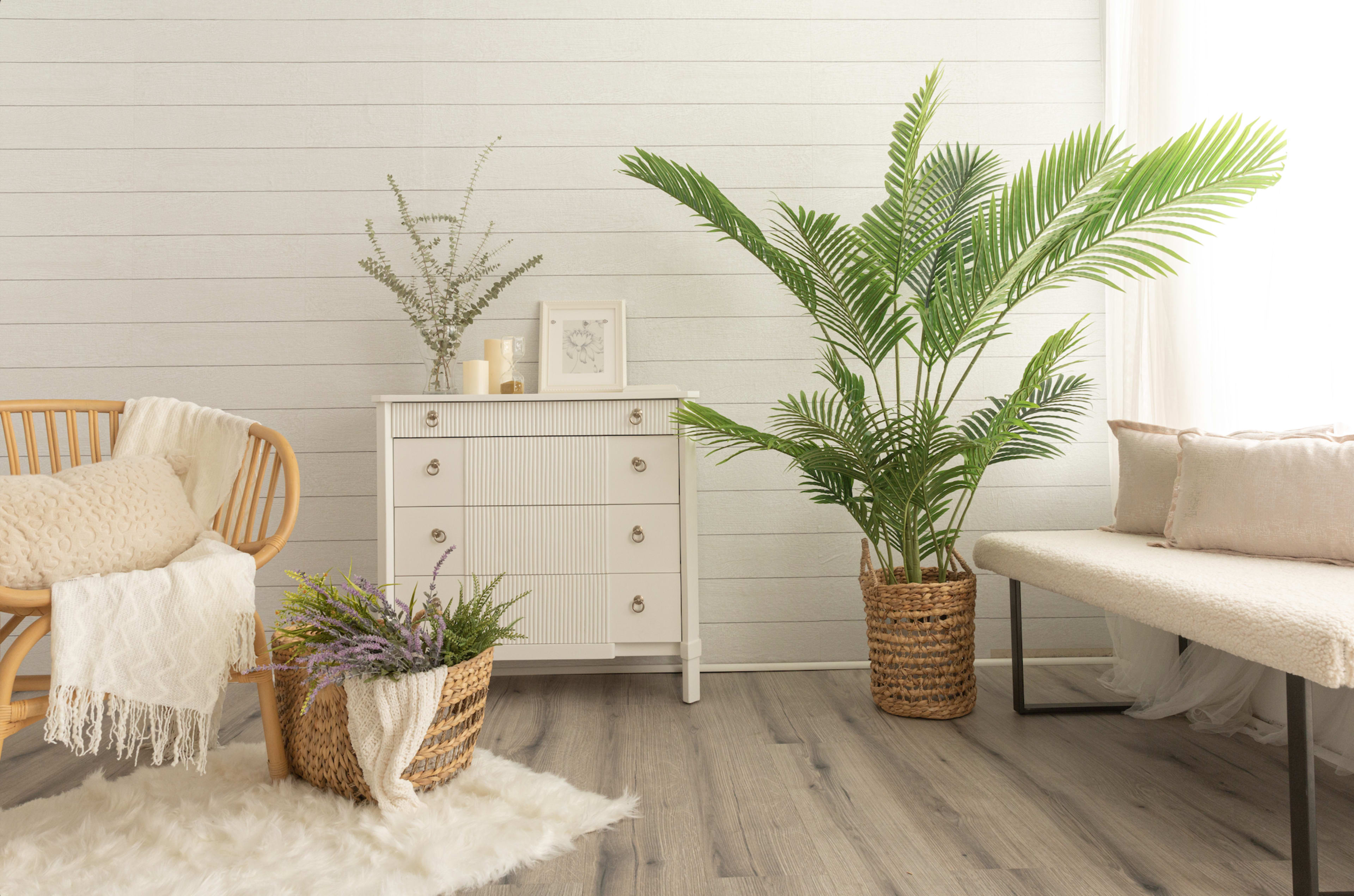 The scene features a bright interior with a white dresser, a rattan chair with cushions, two planters with greenery, and a light-colored bench on a wooden floor.