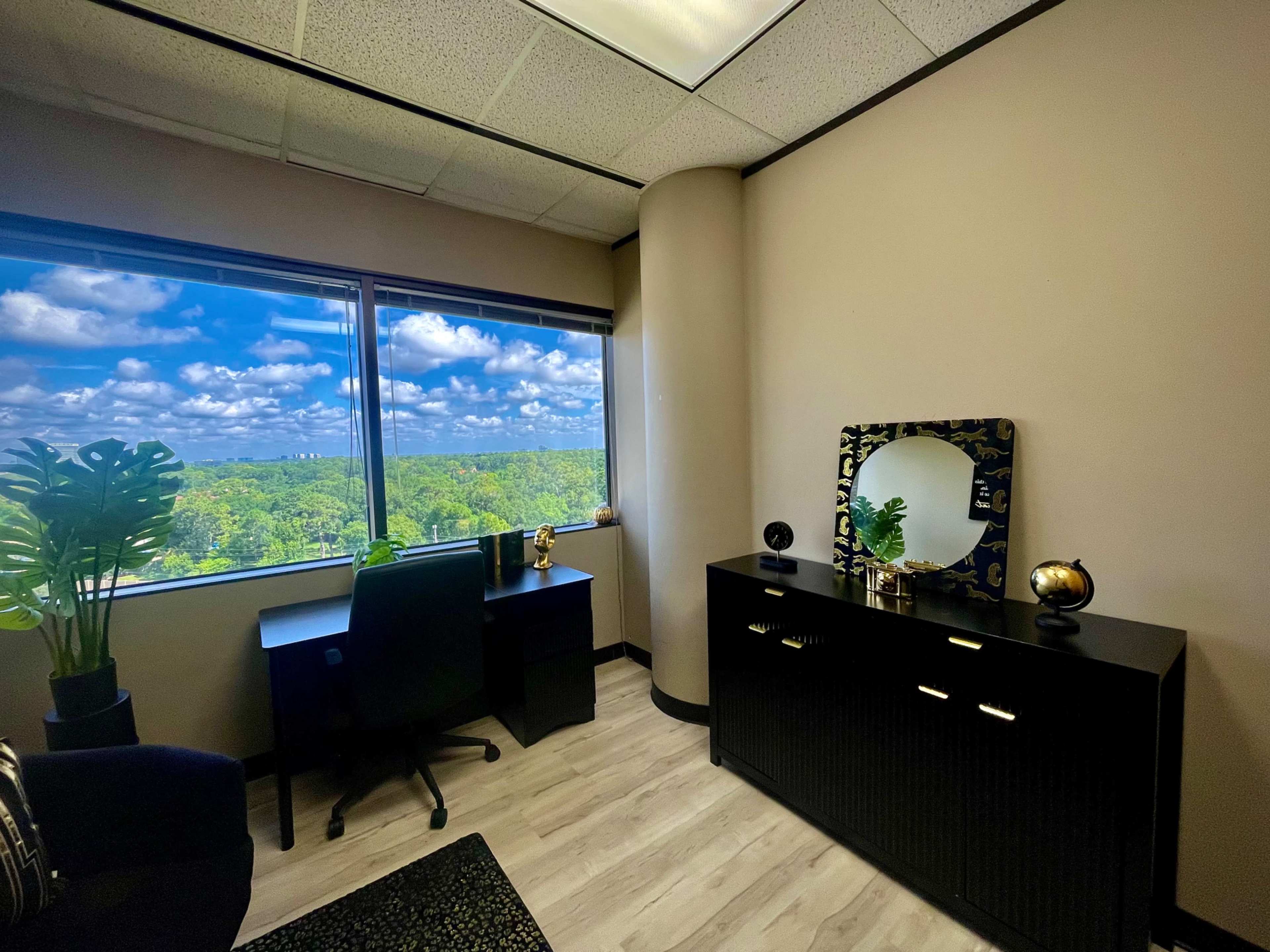 The image depicts a modern office space featuring a desk, a black cabinet, and large windows that offer a view of a green landscape under a partly cloudy sky.
