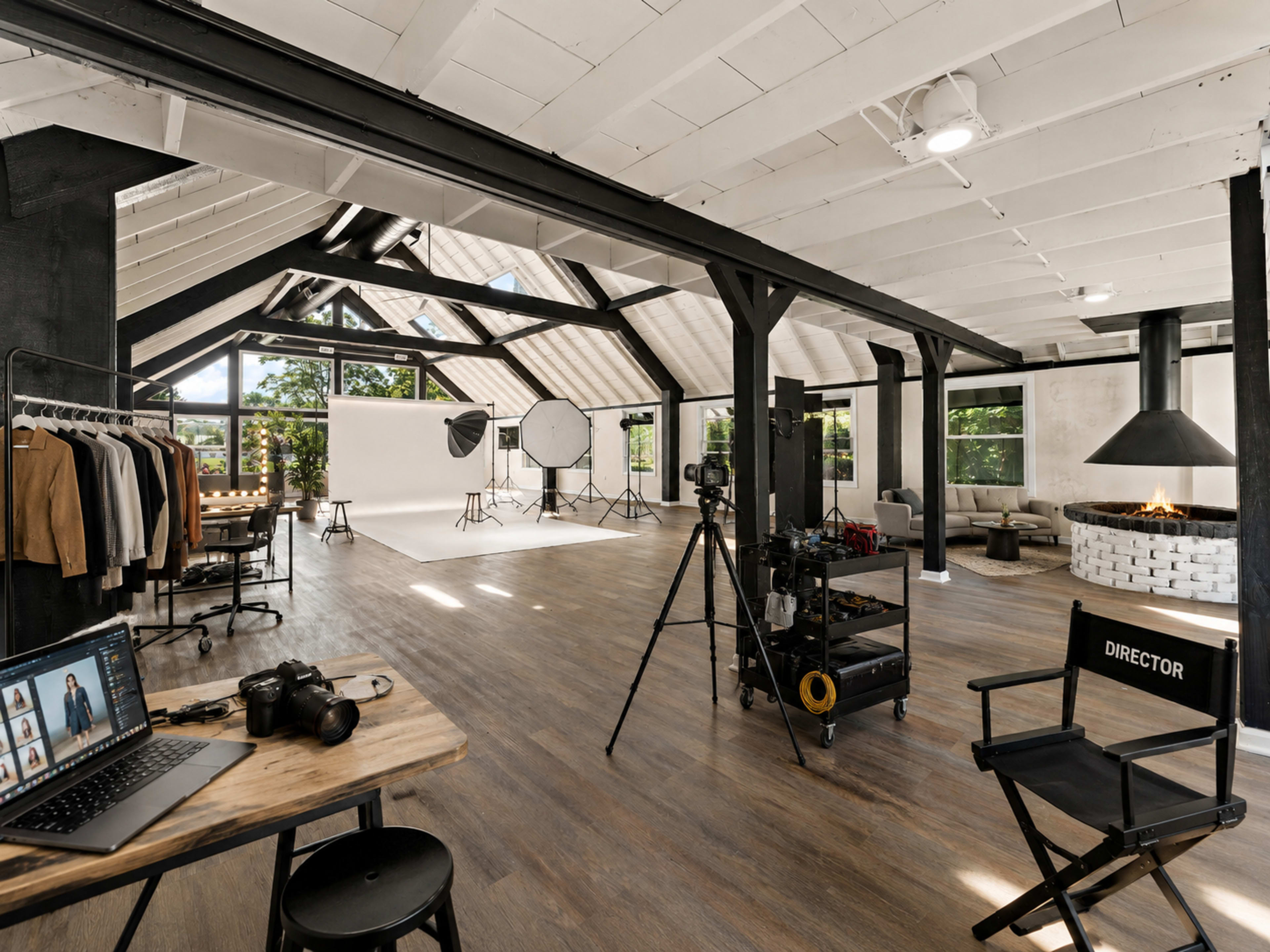 The image shows a spacious studio with a high ceiling, featuring a photography setup, clothing rack, and a central fireplace.