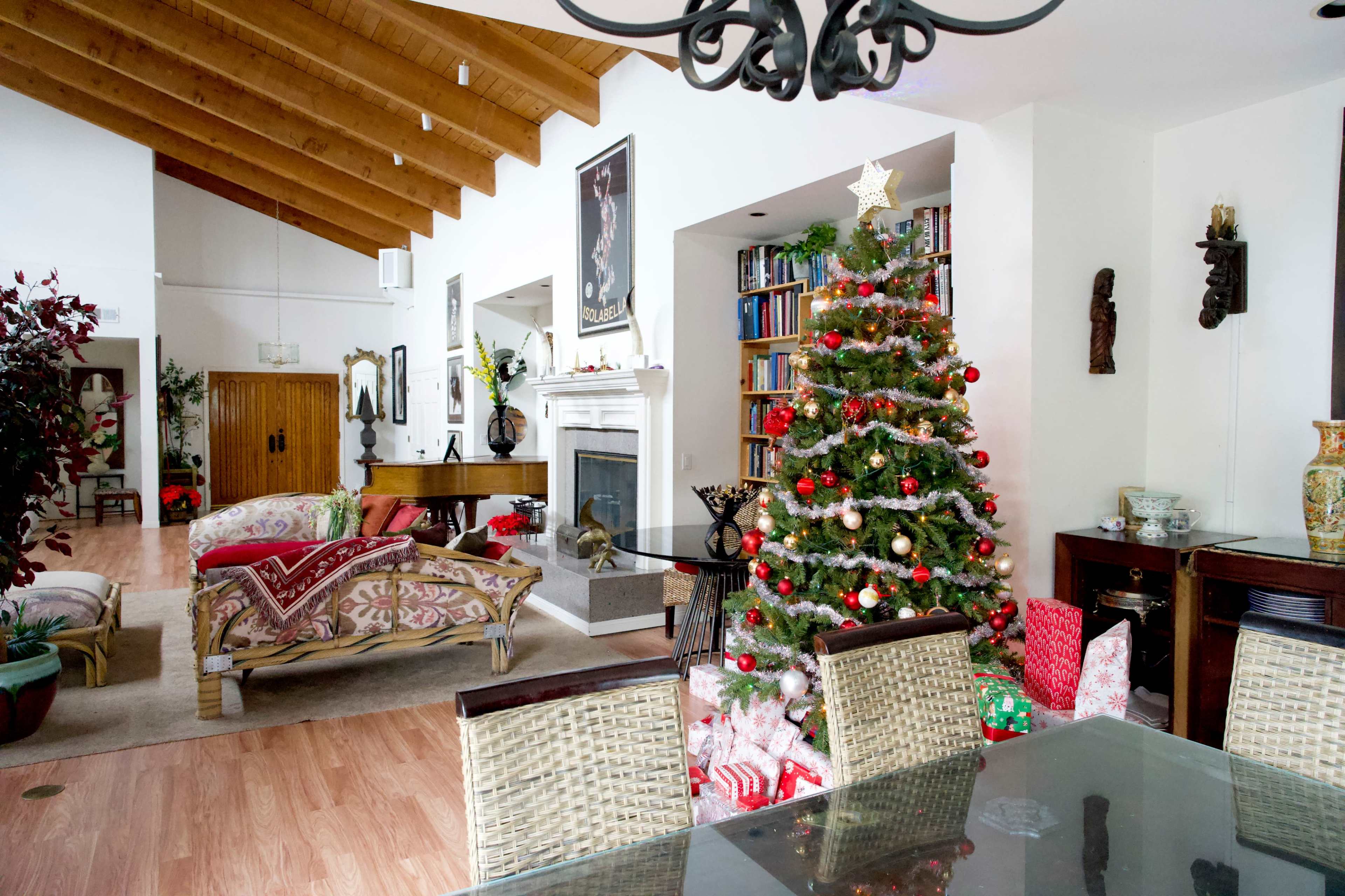 A spacious living room decorated for the holidays, featuring a Christmas tree adorned with ornaments and presents underneath, alongside cozy furniture and a bookshelf.