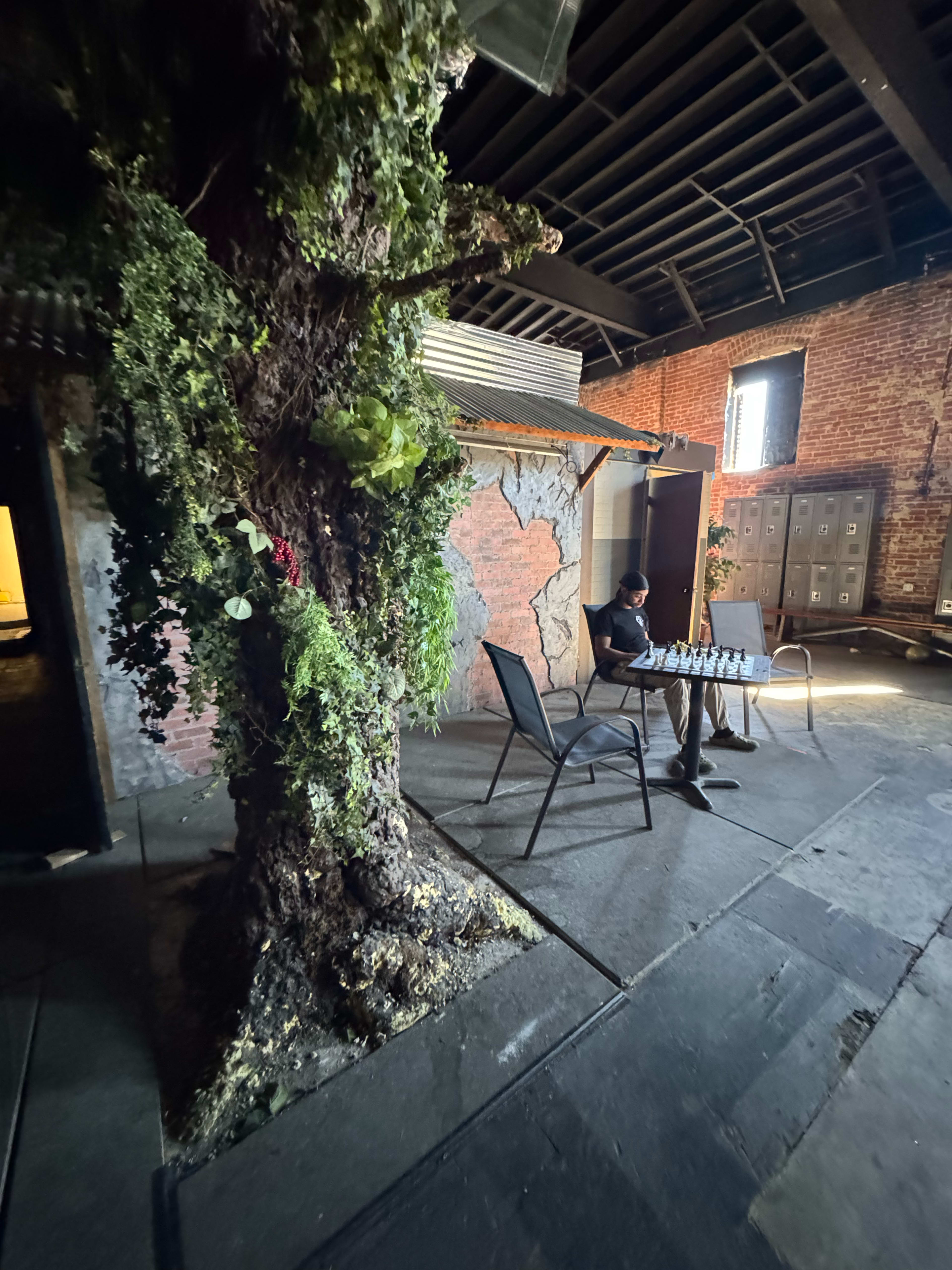 A person sits at a table with chess pieces in a rustic indoor space featuring a large tree and exposed brick walls.