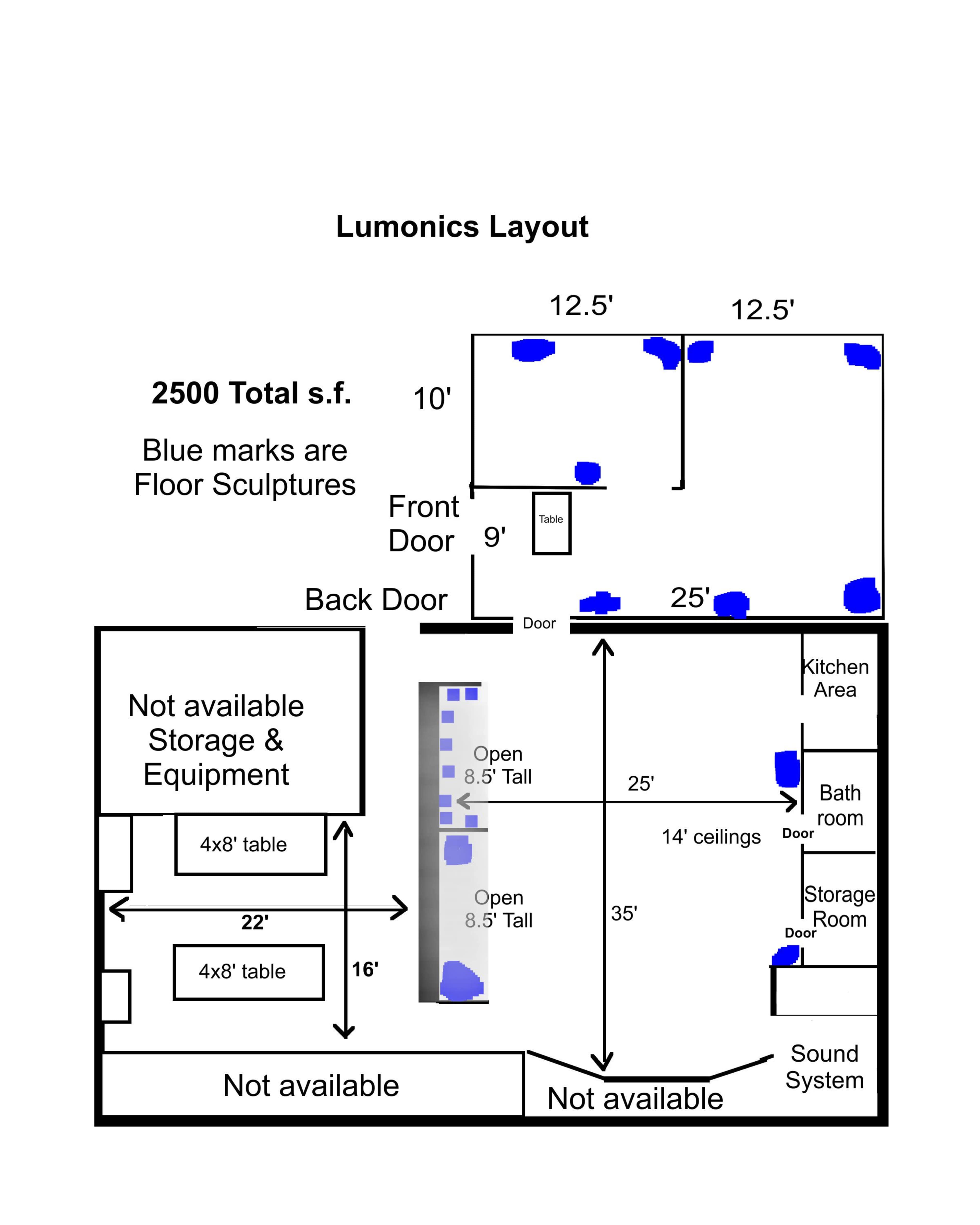 The diagram shows the floor layout of Lumonics, detailing areas for floor sculptures, table placements, kitchen, bathroom, and storage rooms.