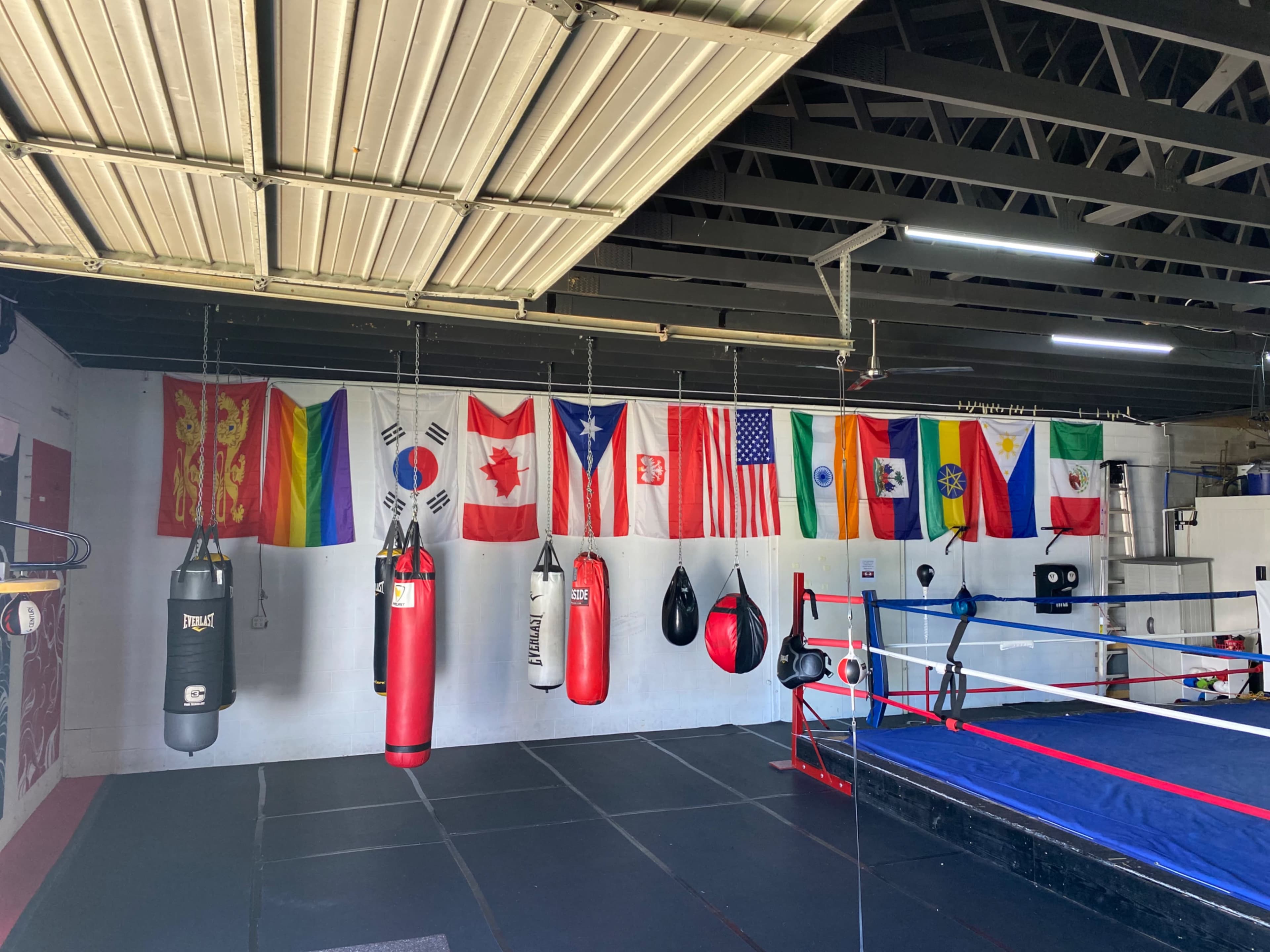 A boxing gym with several hanging flags from different countries displayed on the wall alongside boxing equipment.