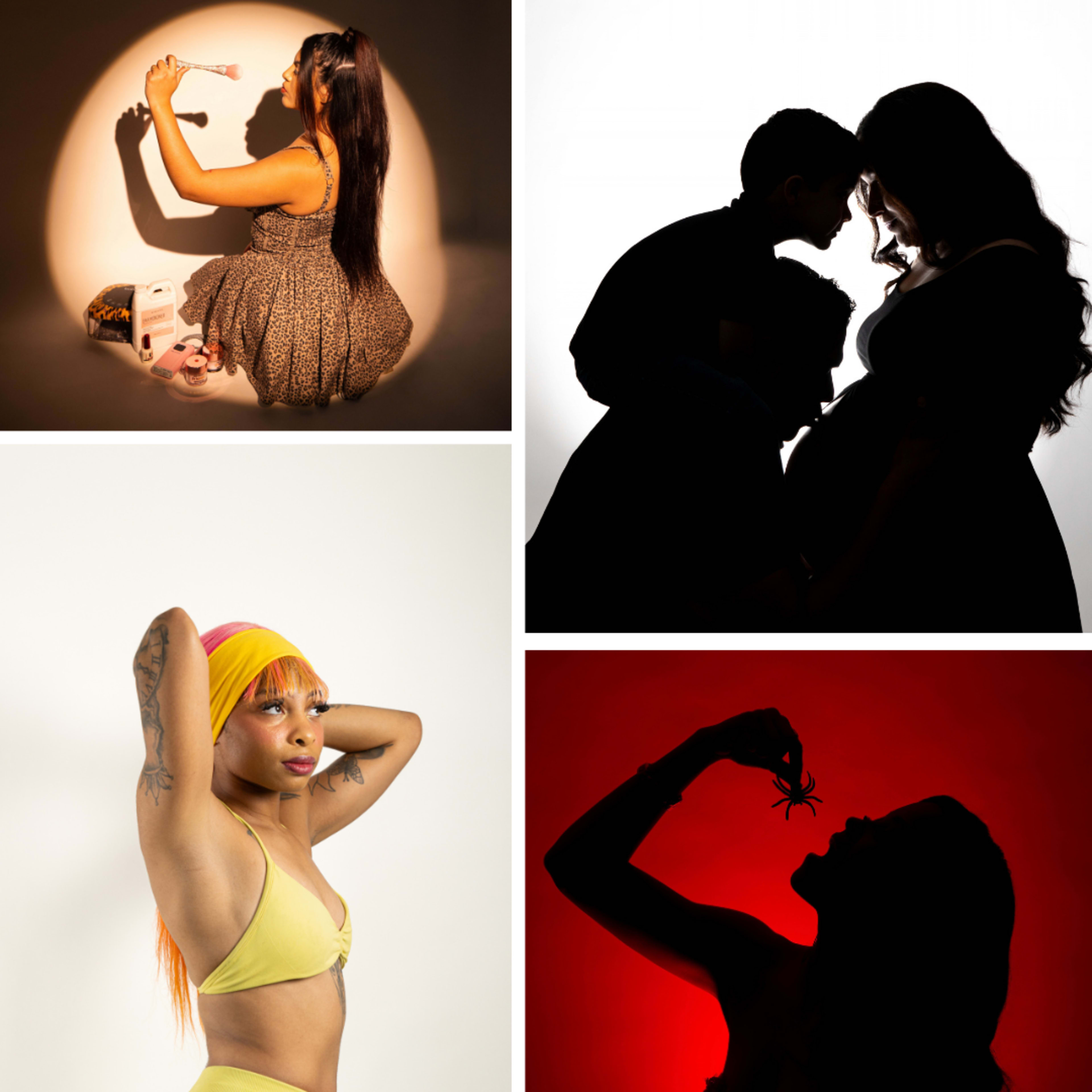 The image features four separate photos: a woman in a dress sitting and holding a small object, a couple embracing with a silhouette against a light source, a woman with orange hair posing in a bikini, and another woman silhouetted against a red background while holding a spider.