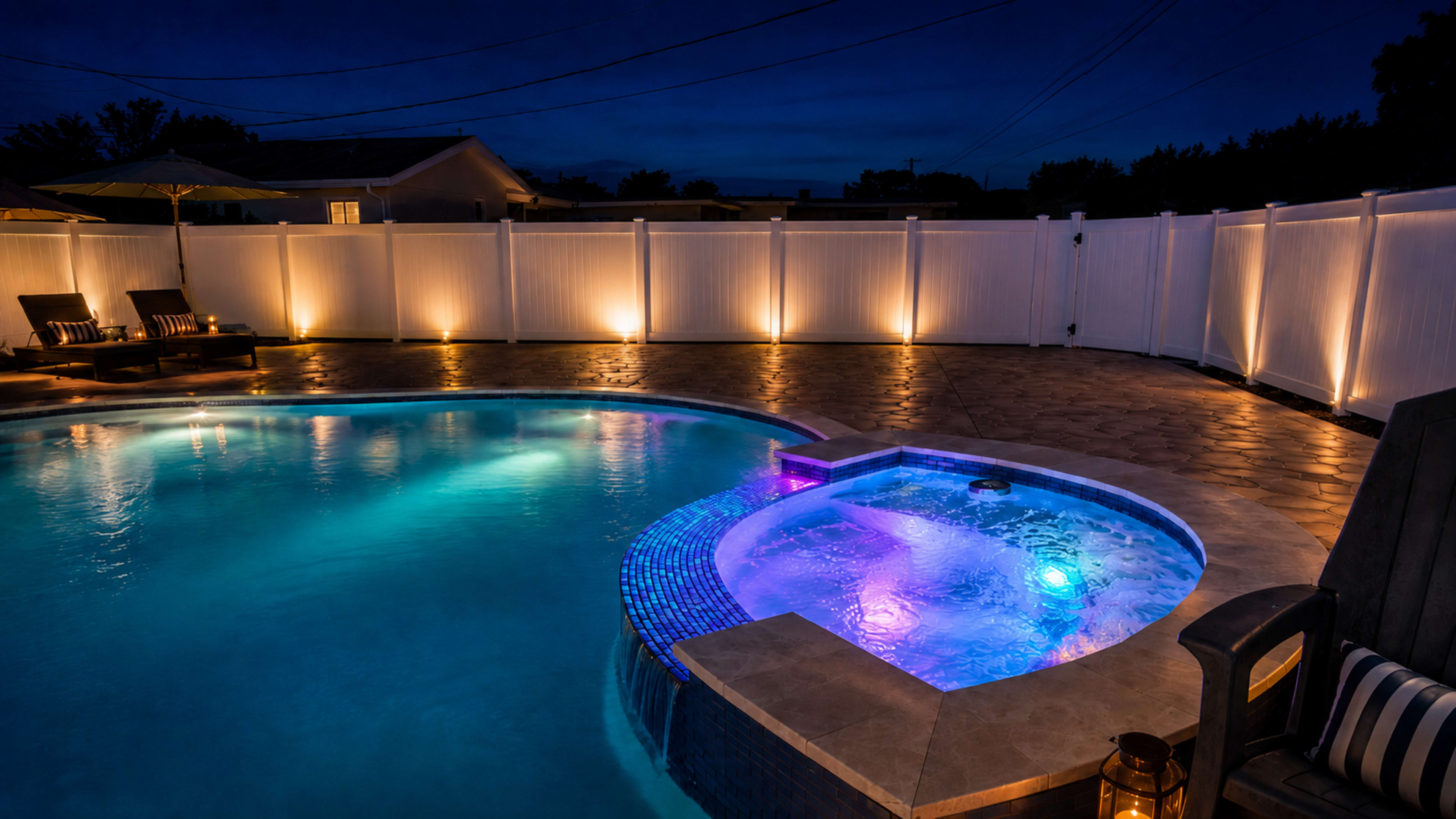 The image shows a well-lit pool area at night, featuring a circular hot tub with colorful lighting beside a larger swimming pool, all surrounded by a white fence.