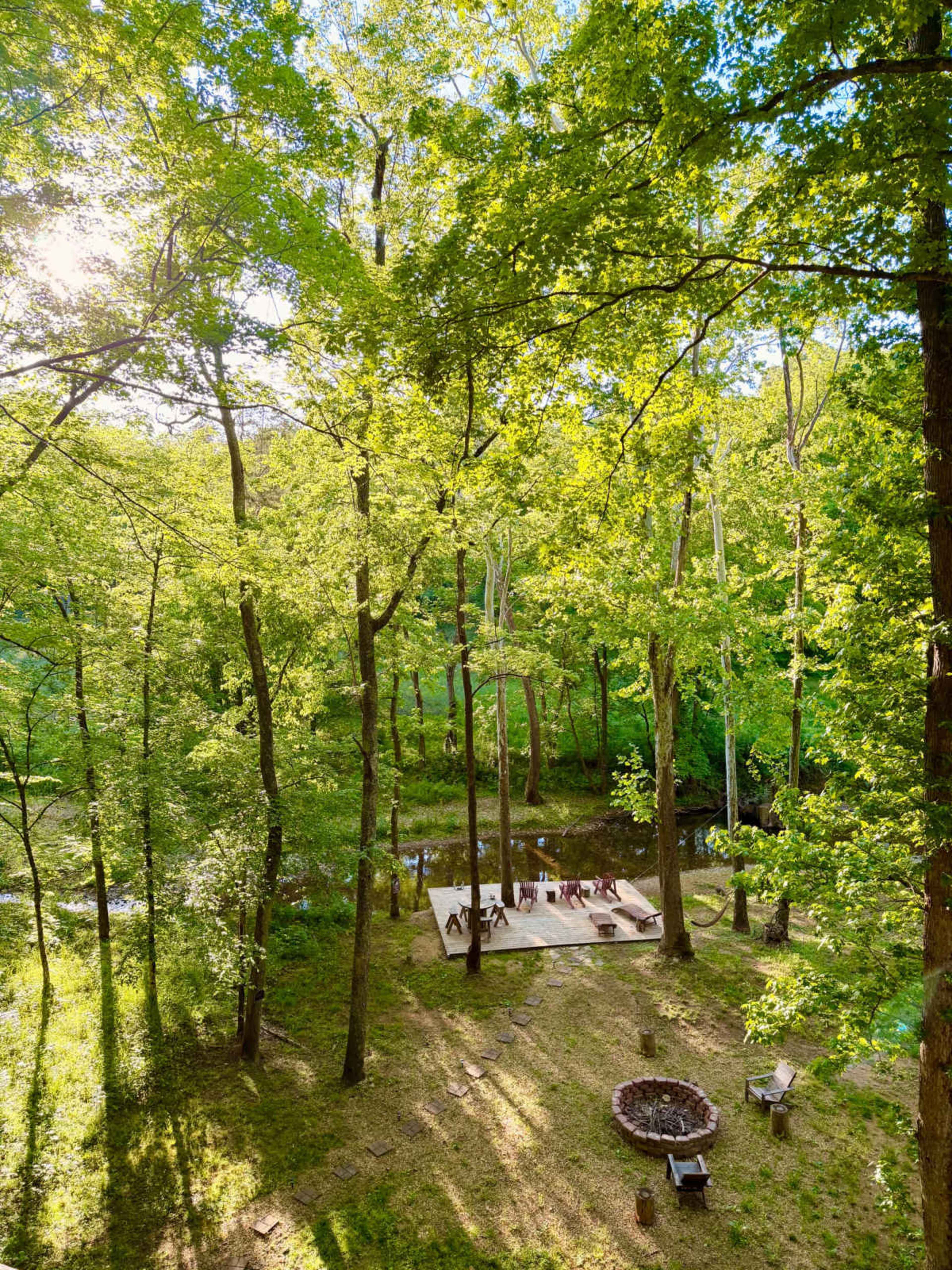 A wooden deck with seating surrounds a firepit, set among tall trees beside a stream in a lush, green forest.