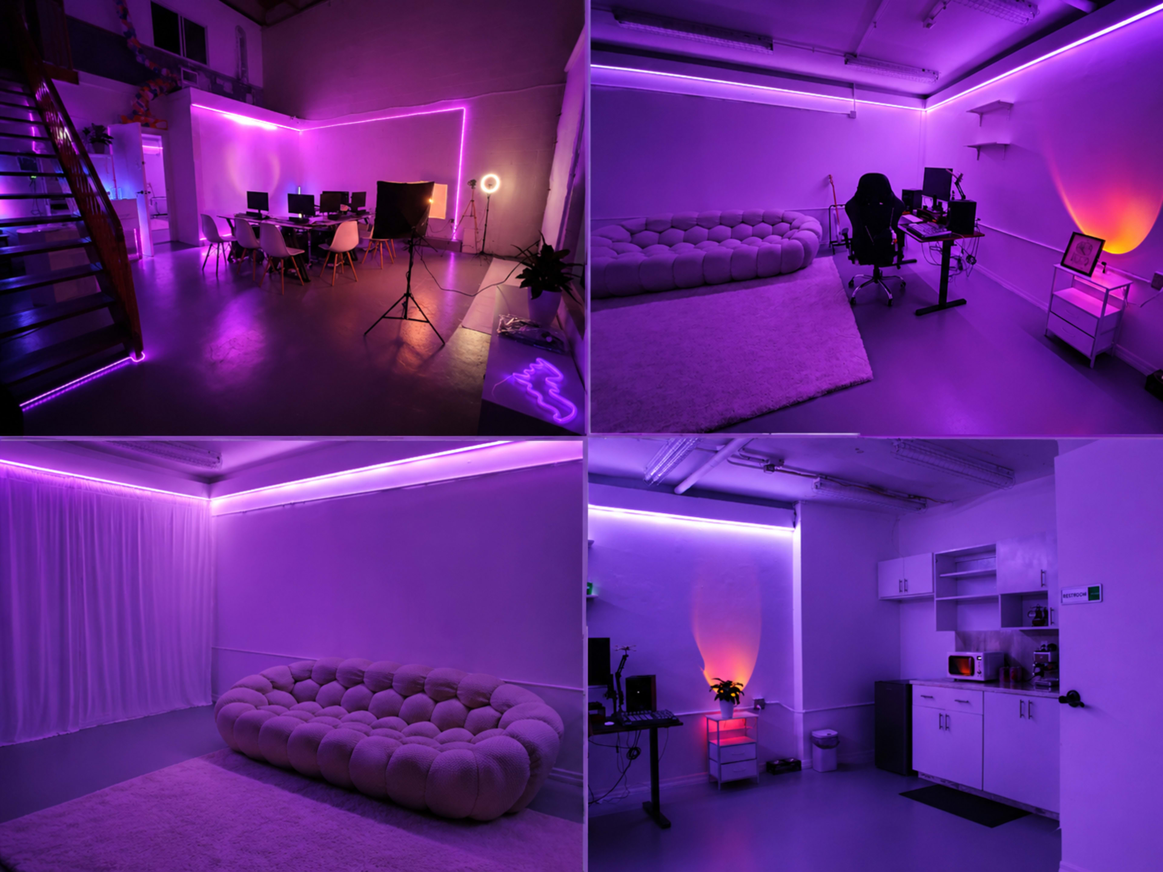 The image showcases a modern, well-lit studio space divided into four sections, featuring purple LED lighting, a seating area with a tufted sofa, a workspace with computer equipment, and a conference area with chairs and backdrop setup.