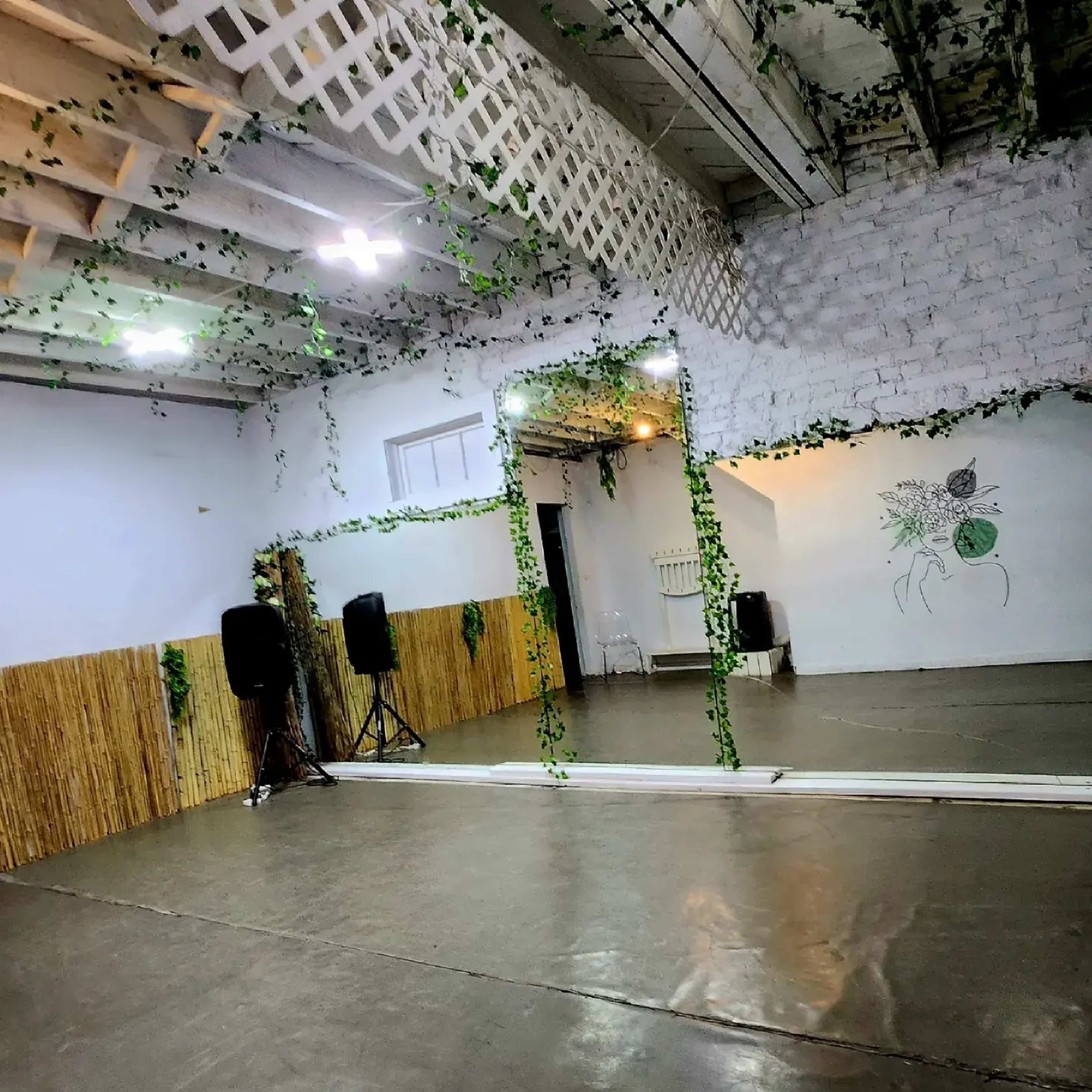 A spacious studio with a mirrored wall, wooden accents, and greenery decor hanging from the ceiling.