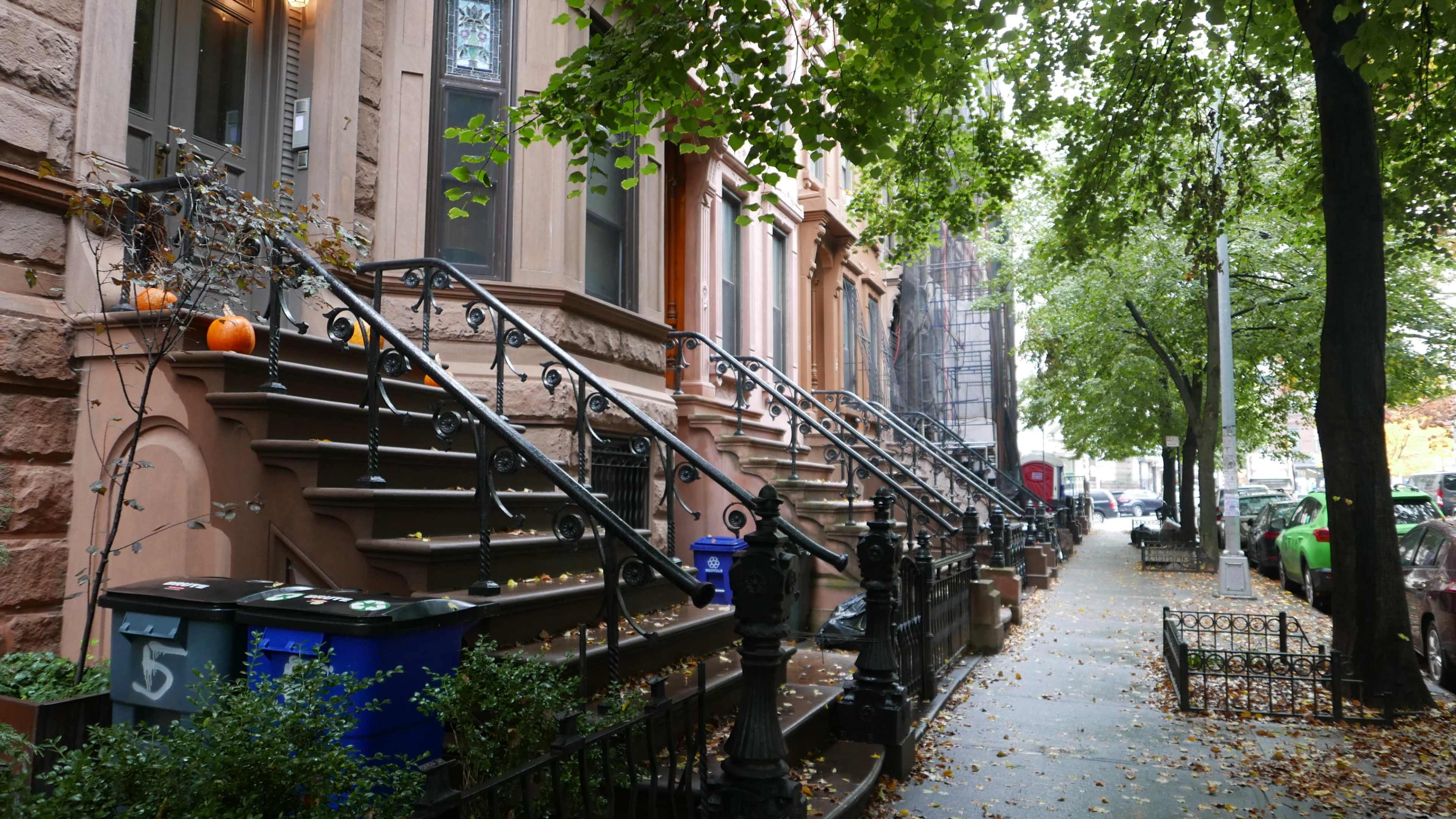 The image shows a row of brownstone buildings with decorative stair railings, lined by trees and a sidewalk with scattered leaves and a few pumpkins.