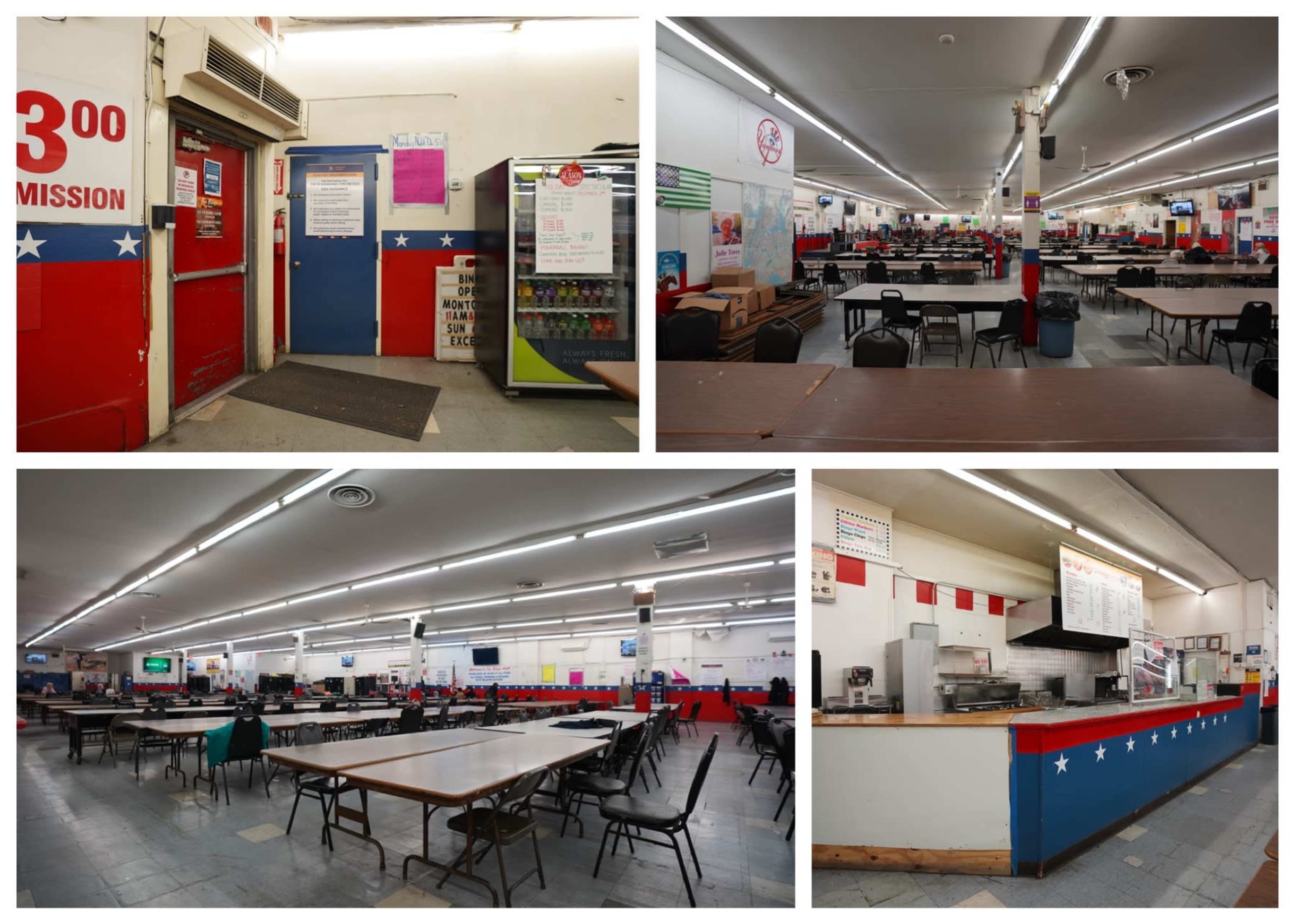 The image shows an empty dining area with rows of tables and chairs, a service counter, and brightly colored walls featuring red, white, and blue decor.