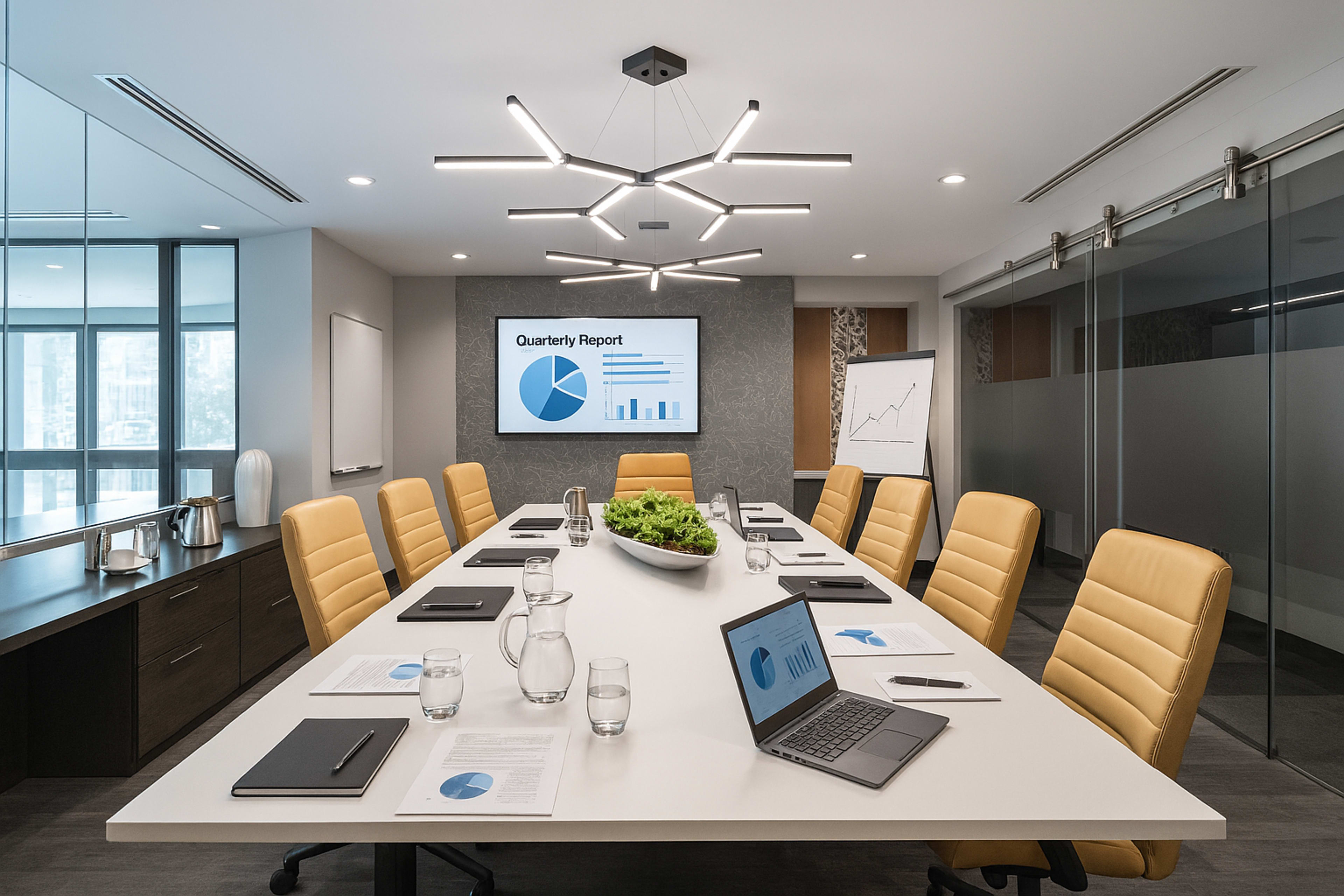 A modern conference room features a long table with yellow chairs, a large screen displaying a pie chart, and a presentation board, all set for a meeting.