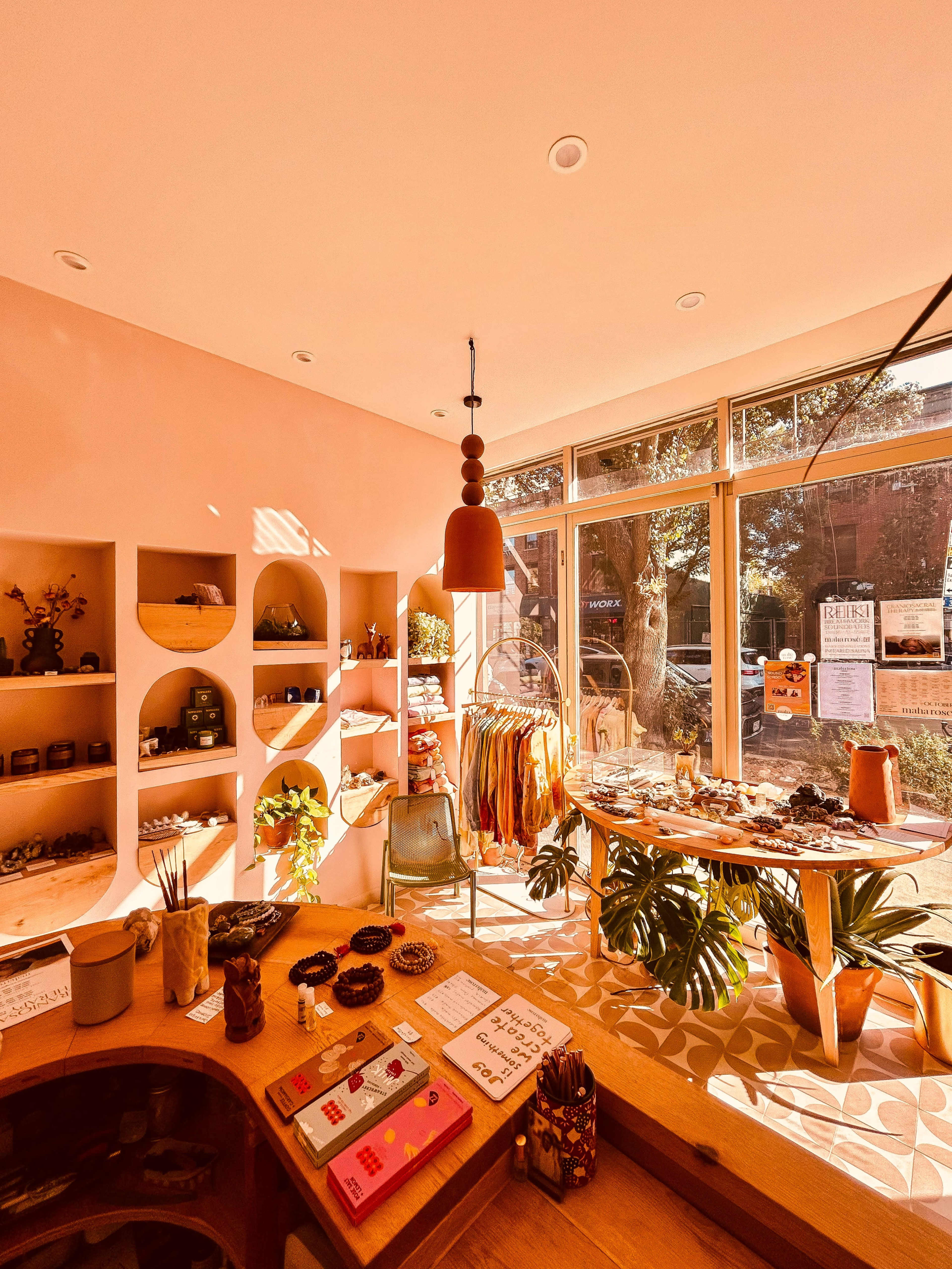 The image shows a cozy boutique with pastel pink walls, wooden furnishings, and shelves displaying various items and plants, illuminated by natural light.