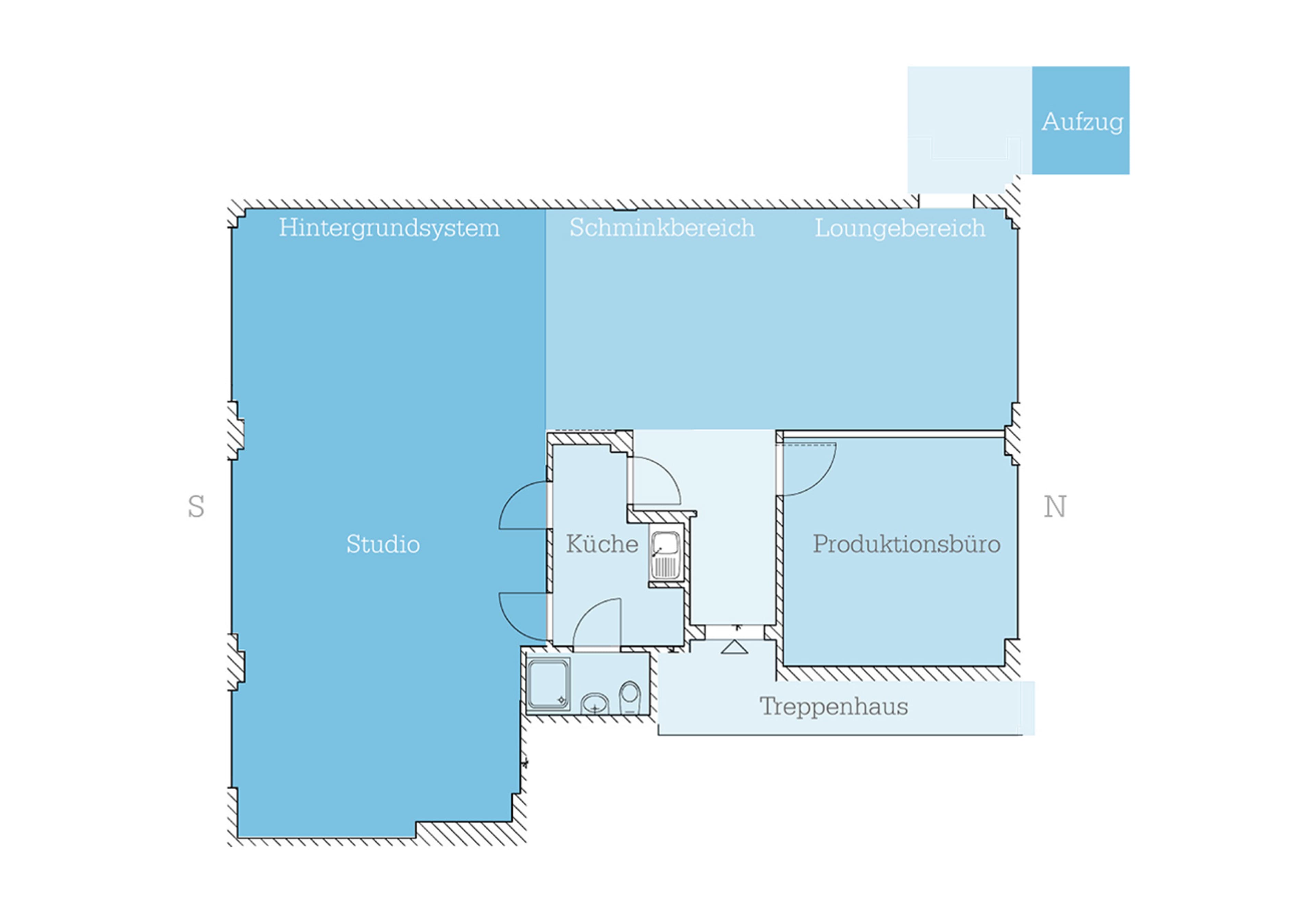 A floor plan showing various labeled areas, including a studio, kitchen, production office, lounge area, and stairwell.