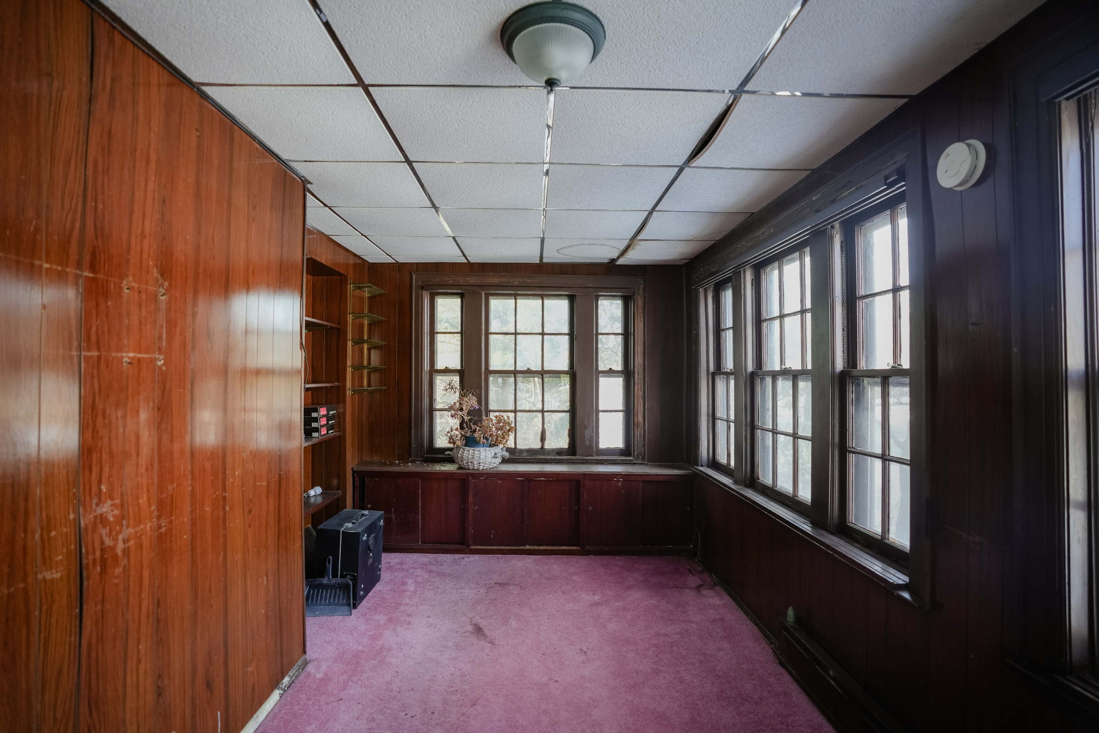 The image shows a sparse room with wooden paneling, a pink carpet, and large windows that allow natural light to enter.